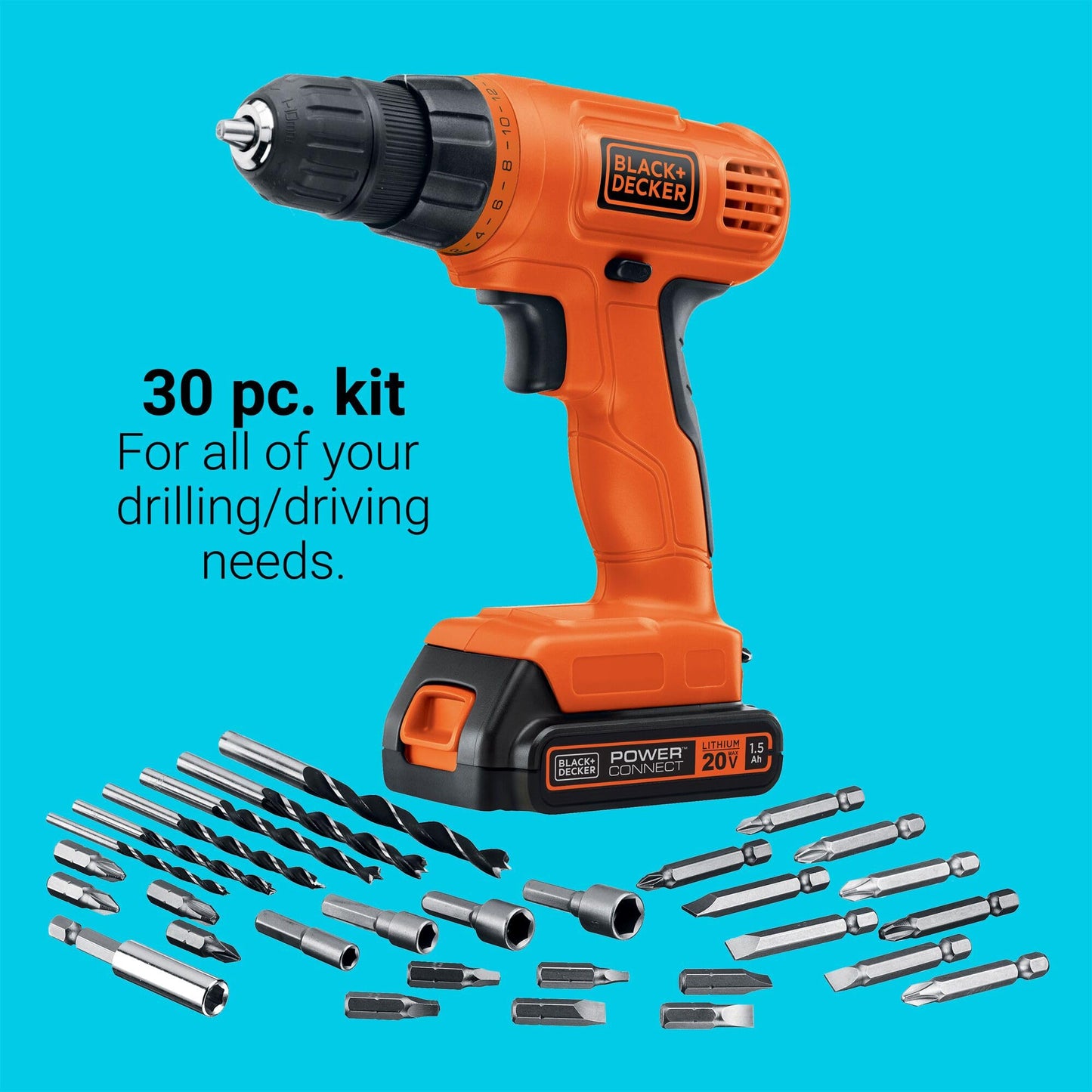 BLACK+DECKER 20V MAX POWERCONNECT Power Drill Cordless Drill Driver Electric Screwdriver with 30 Piece Bit Set and Drivers Kit, Battery and Charger Included (LD120VA)