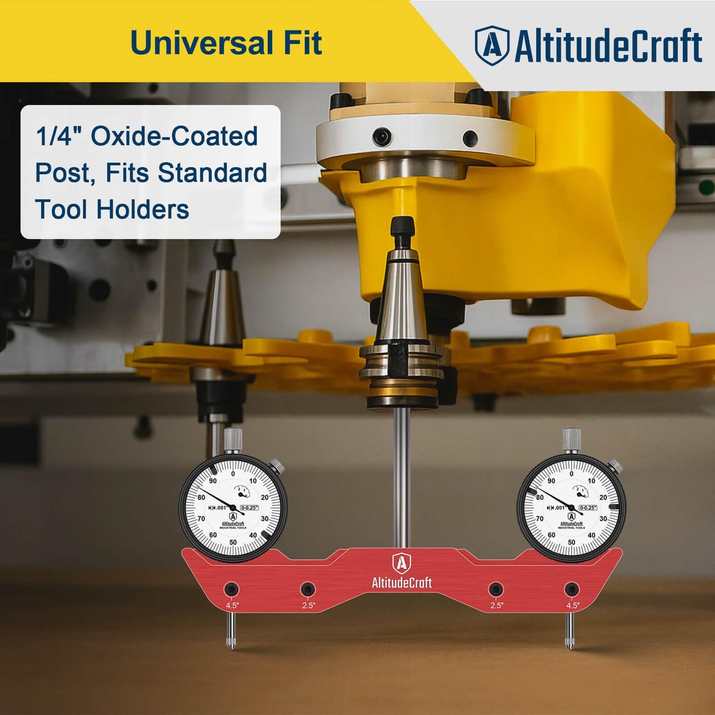 AltitudeCraft Precise Mill and Lathe Tramming System Tool, Machine Calibration for CNC Router and Mini Mill, 0.001” Dual Dial Indicators, 1/4" Shank