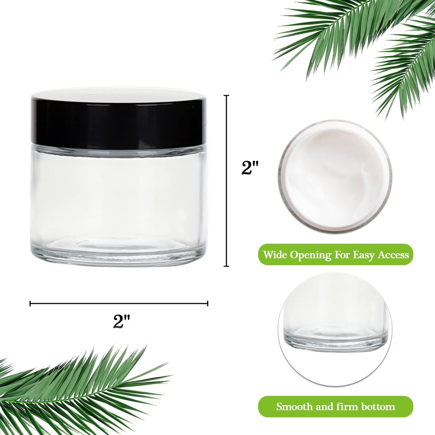 2oz Jars with Lids, HOA Kinh 40 Pack Clear Glass Jars with Lids Empty Cosmetic Containers Round Airtight Glass Jar with Black Lid for Storing Lotions Powders Ointments