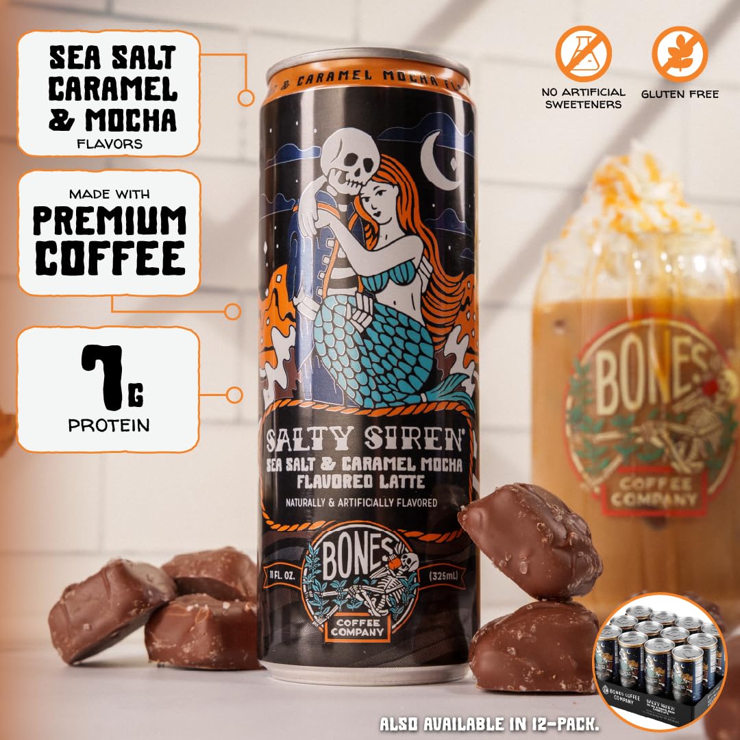 Bones Coffee Company Salty Siren Latte Flavored Coffee, Medium Roast Ready To Drink Iced Coffee in Can, 11 Fl Oz Can (12 Pack)