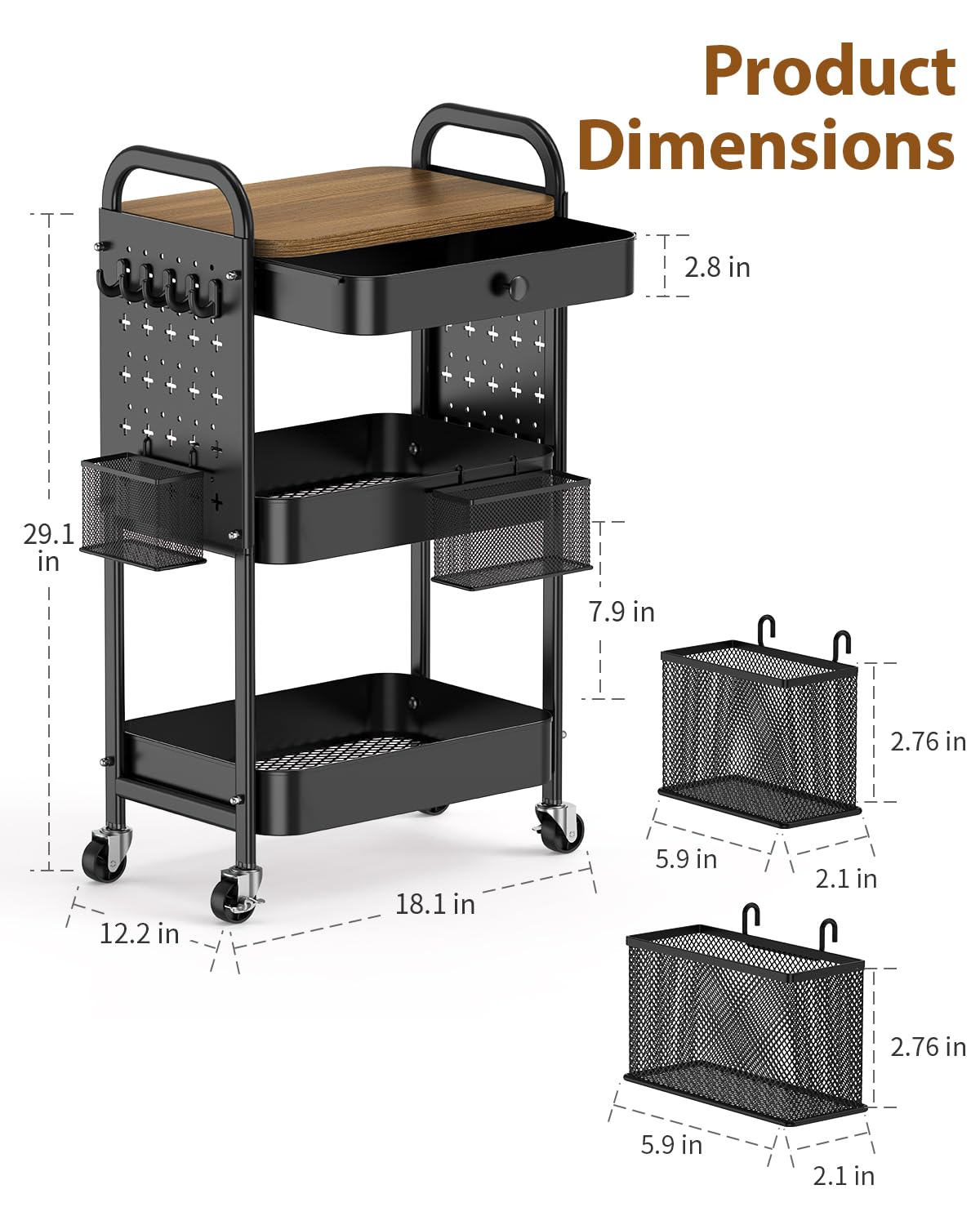 ALVOROG Rolling Cart with Drawer and Wood Table Top, 3 Tier Metal Rolling Utility Cart on Wheels with DIY Pegboards, Hanging Baskets, Hooks for Bedroom,Office,Craft Supplies (Black)
