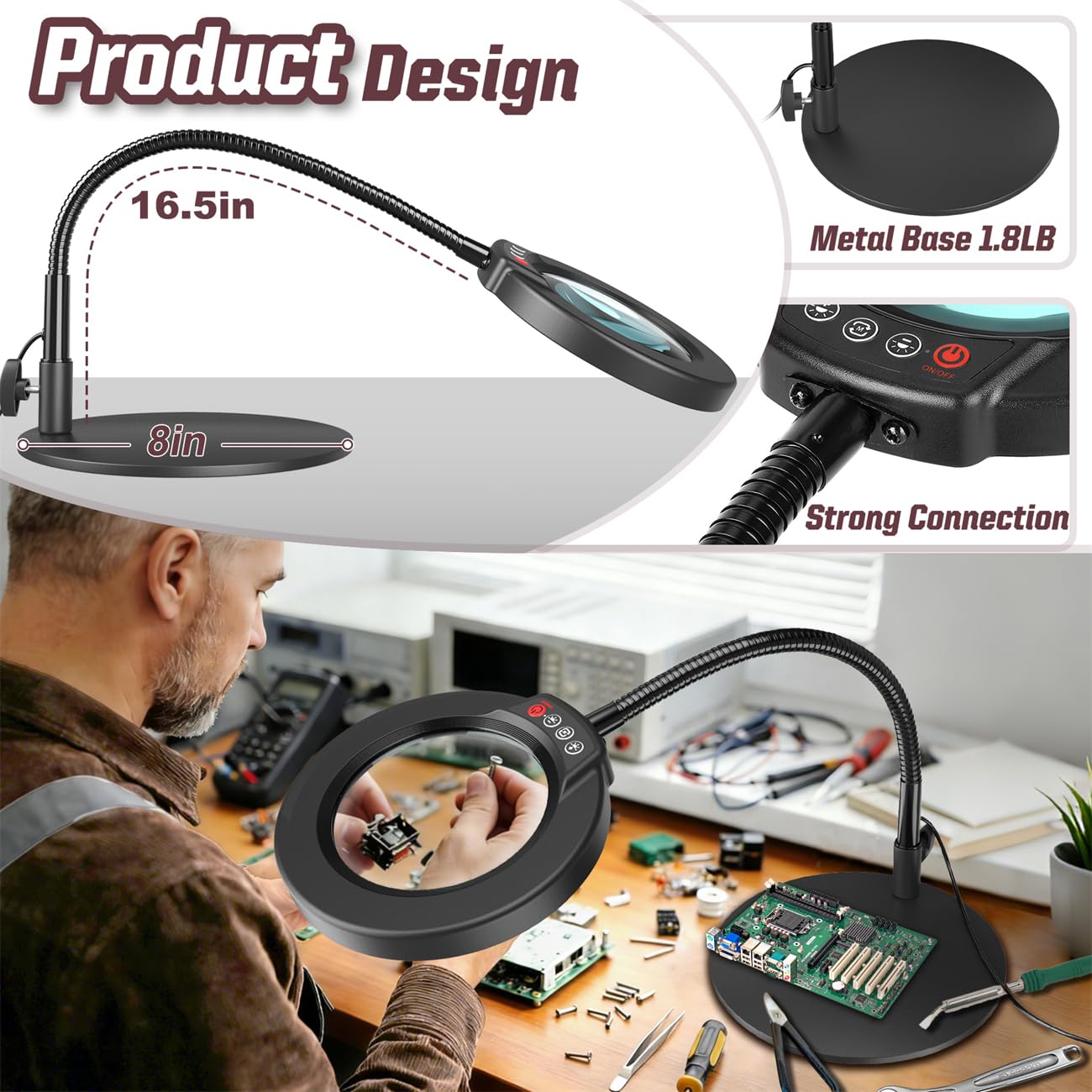 Krstlv 10X Magnifying Glass with Light and Stand, 16.5in Flexible Goose-Neck, 5 Color Modes Stepless Dimmable LED Lighted Desk Lamp, Hands Free Magnifier for Crafting Hobby Painting Close Work - Black