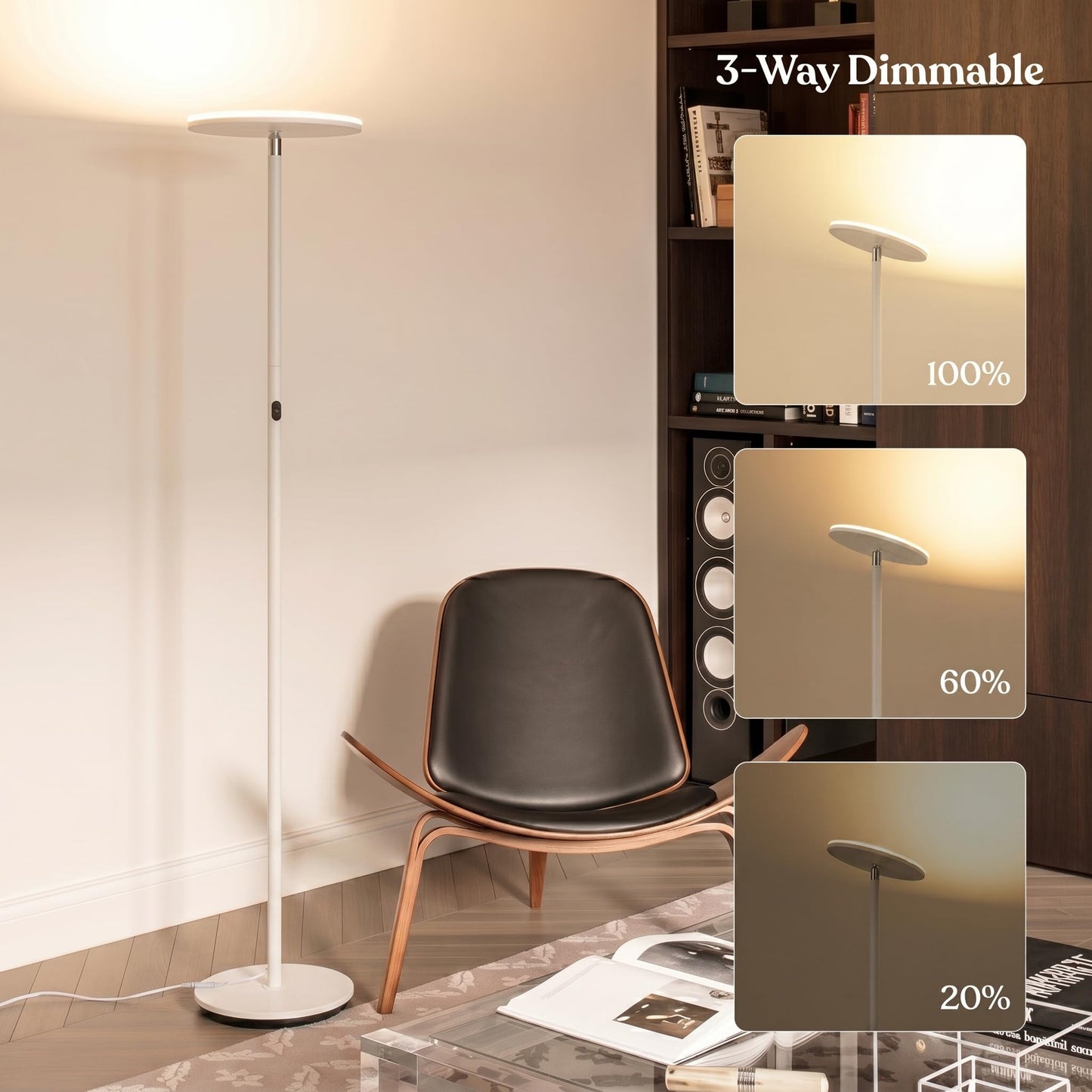 Brightech Sky LED Floor lamp, Torchiere Super Bright Floor Lamp for Living Room Decor & Office - Dimmable, Tall Standing Lamp with Warm Light for Bedroom & Reading - White