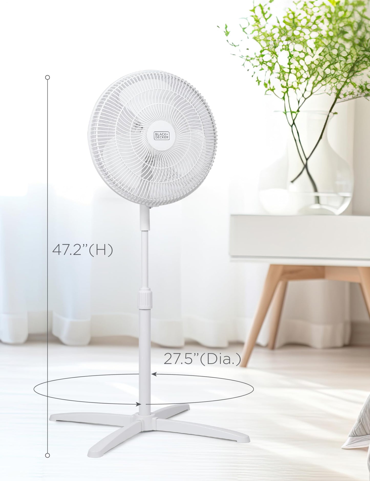 BLACK+DECKER 16-Inch Pedestal Fan, BFP16MXW, Oscillating Fan for Home and Office, Standing Fan with 3 Speed Settings, Height Adjustable with Adjustable Head Tilt, White