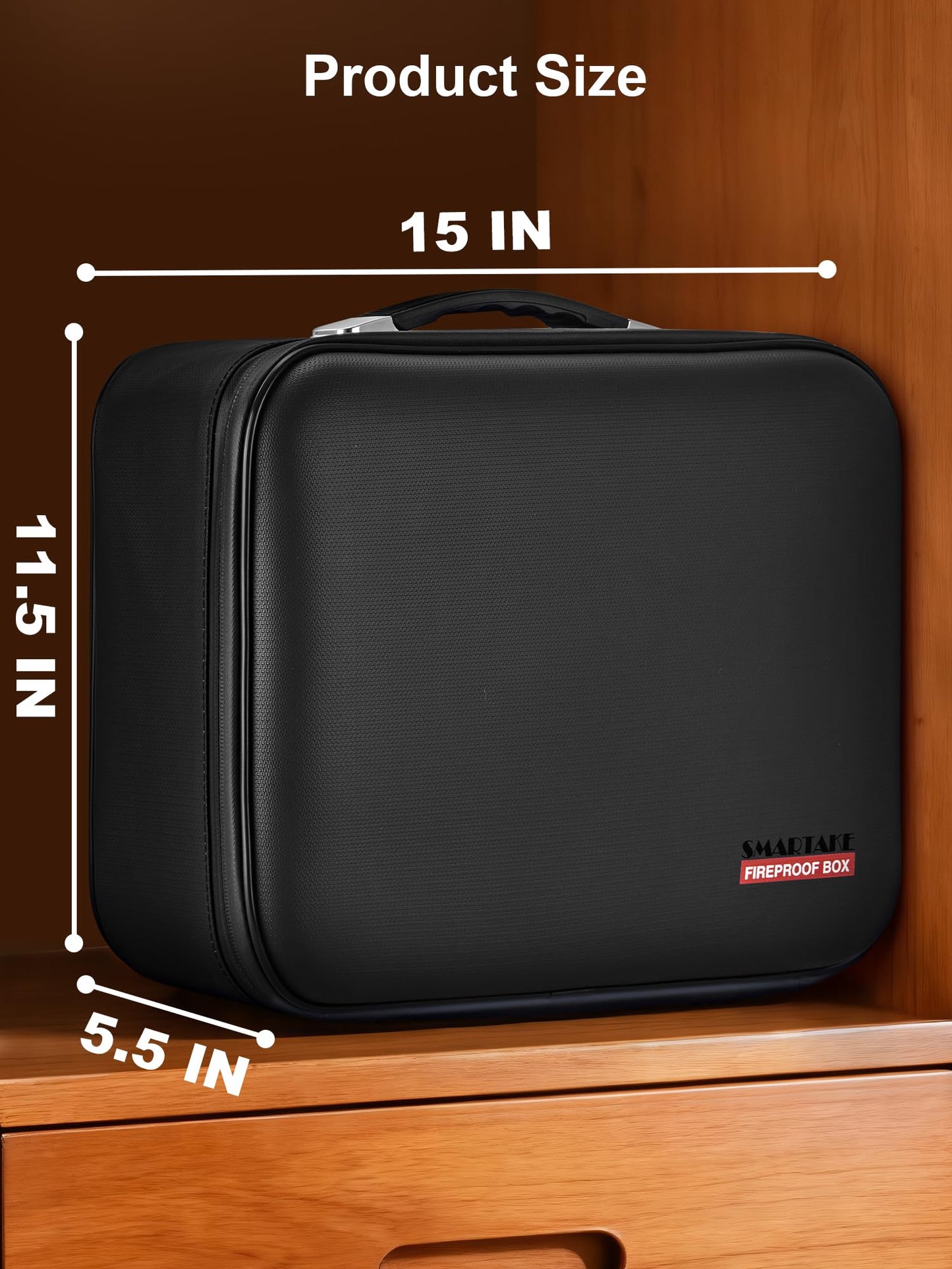 SMARTAKE Fireproof Document Box with Lock, Hard Case Waterproof Safe Box File Organizer, for Important Documents Papers Passports Certificates Laptop Money Safe Storage, Black (15x11.5x5.5 Inch)