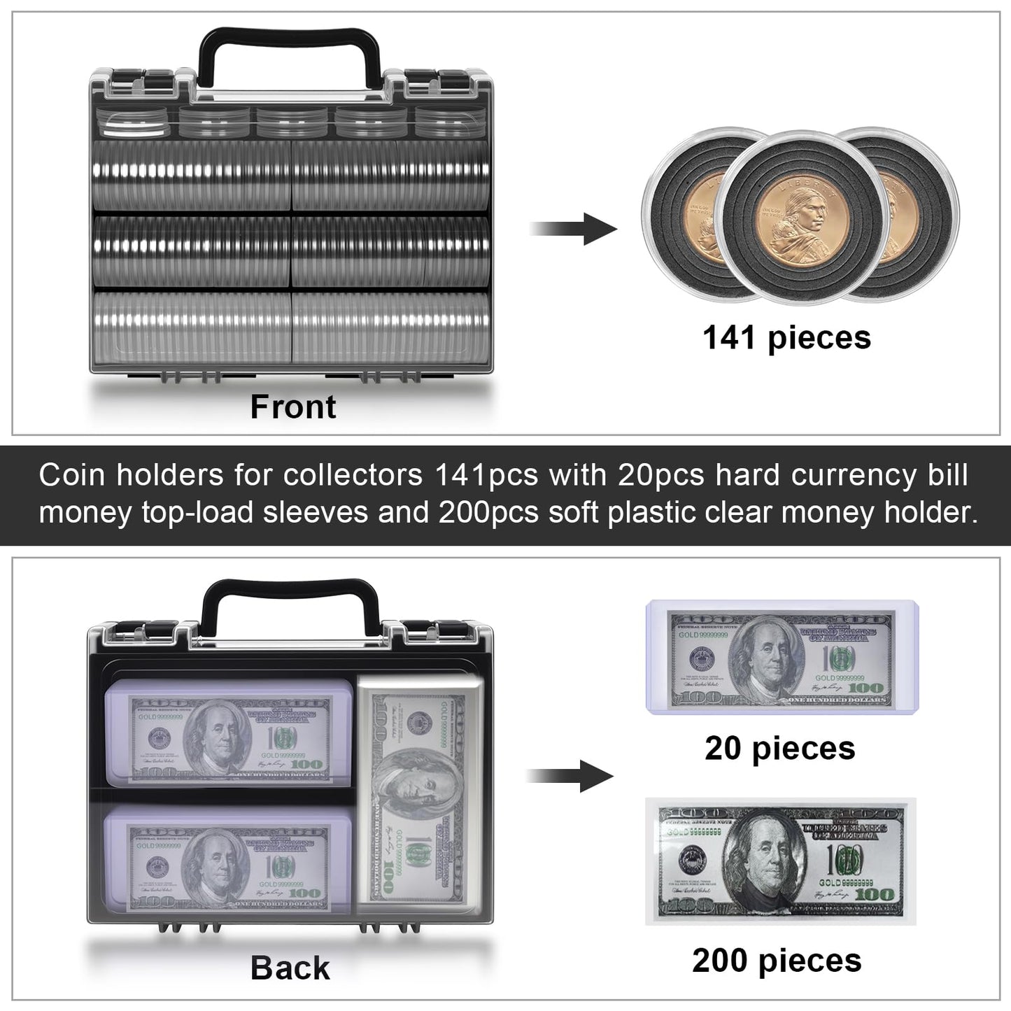 Coin Collector Case with 141 pcs Capsules with Foam Gaskets & 220 Dollar Bill Sleeve-Coin Collection Supplies Storage Organizer Box for Secure Coin and Paper Money Display(Black case+Black Gasket)