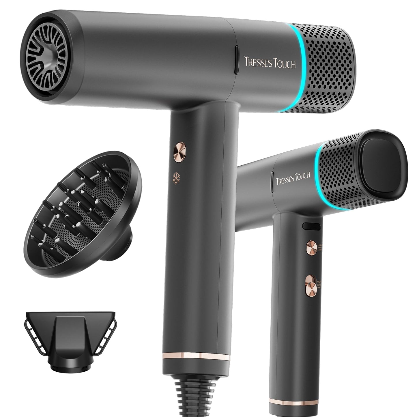 Tresses Touch Hair Blow Dryer 150000 RPM, 200 Million Negative Ionic Blow Professional Hair Dryer with Diffuser, 3 Temps/2 Speeds, 6.56 Ft Cord Fast Drying and Portable for Home Traveling, Black