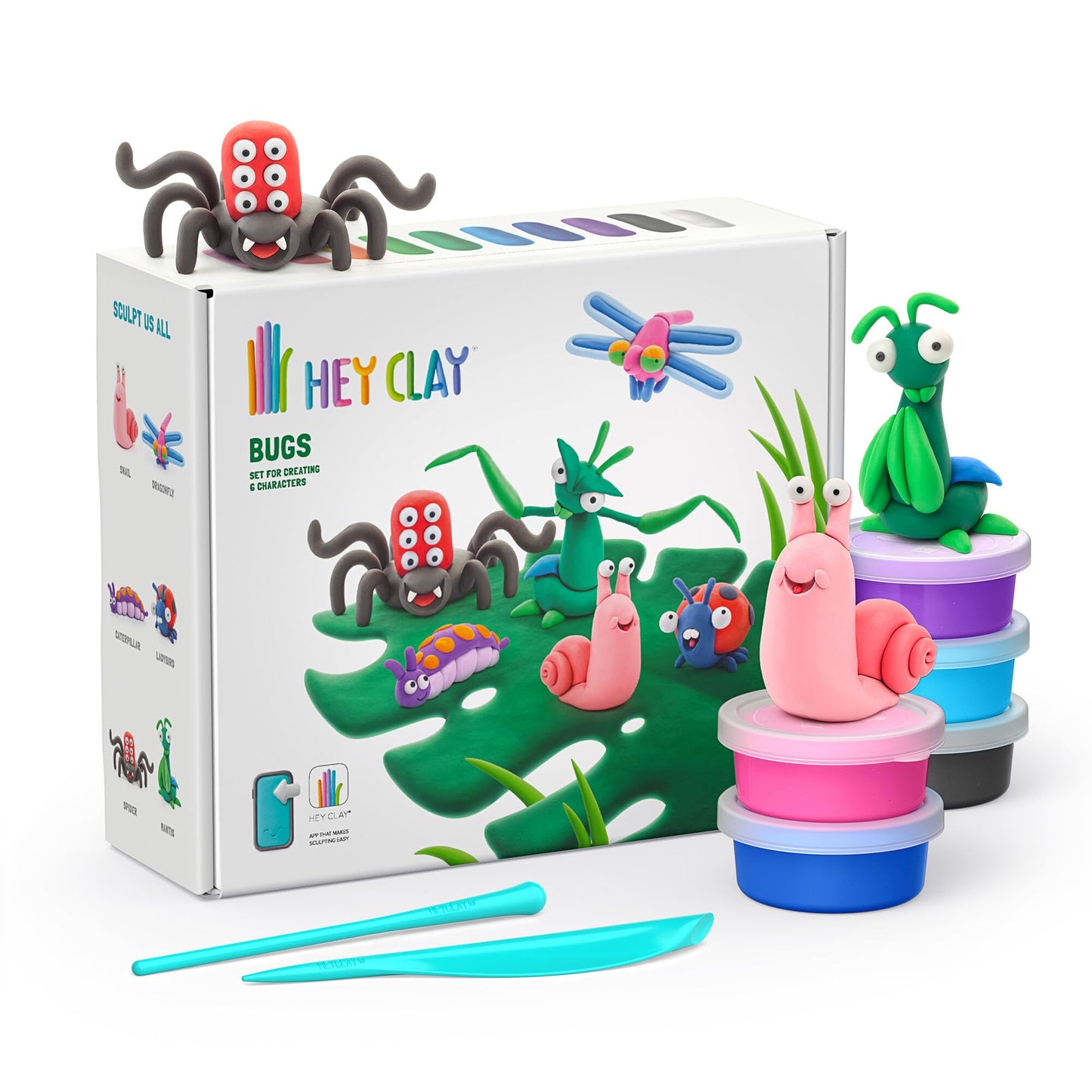 HEY CLAY - Insect Set - Colorful Dry Clay Kit for Kids - 15 Cans & Carving Tools with Fun Interactive Instructions App, Multi-Color