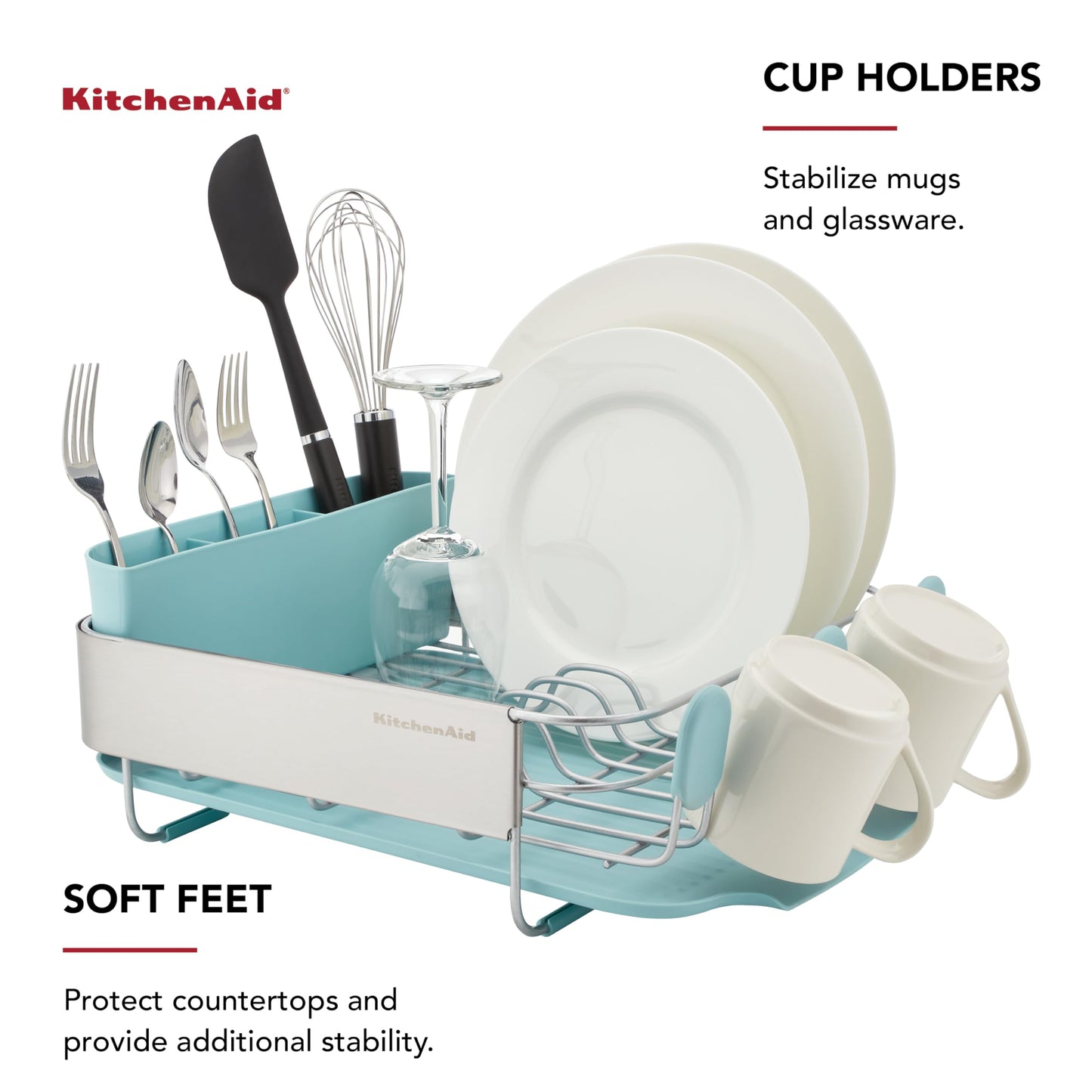 KitchenAid Compact Space Saving Rust Resistant Dish Rack with Removable Flatware Caddy and Angled Self Draining Drainboard, 12.63 x 15.87 x 5.54 Inch, Mineral Water