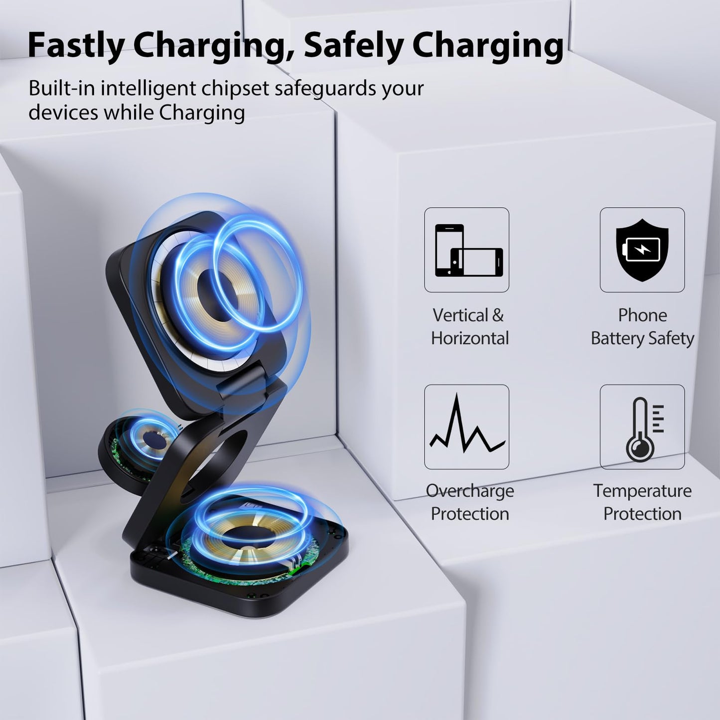 KU XIU Fast Wireless Charger, Magnetic Foldable 3 in 1 Charging Station for iPhone 16/15/14/13/12/Pro/Plus/Pro Max, 5W Portable Charger for Apple Watch9/8/7/6/5/4/3/SE, for Airpods3/2/Pro-Black