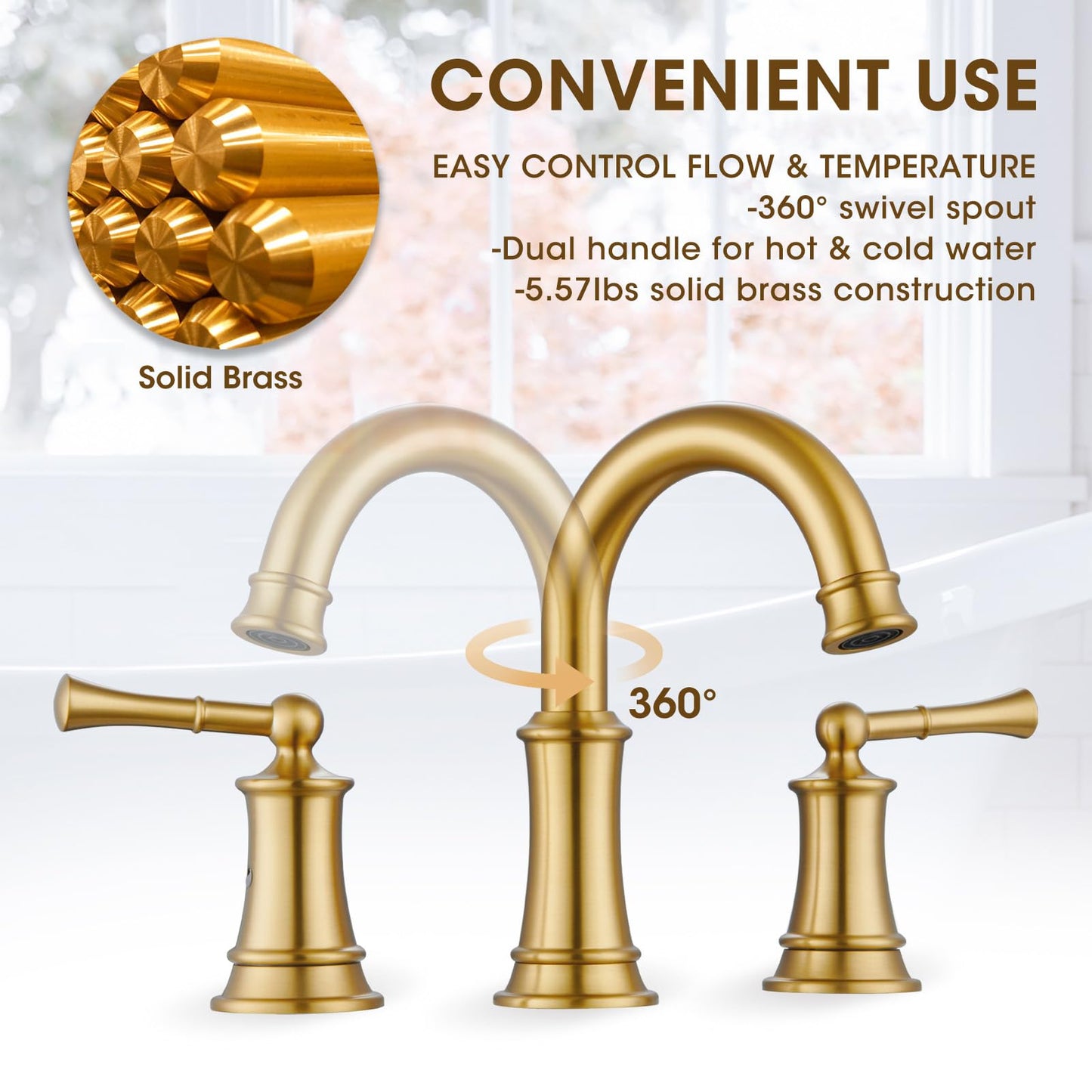 Hangoro Gold Bathroom Faucet, 8 Inch Brushed Gold Bathroom Faucet with Pop-up Drain Assembly, Widespread Sink Faucet with cUPC Supply Lines for Vanity, Lavatory RV Farmhouse Sink(L2304-BG)