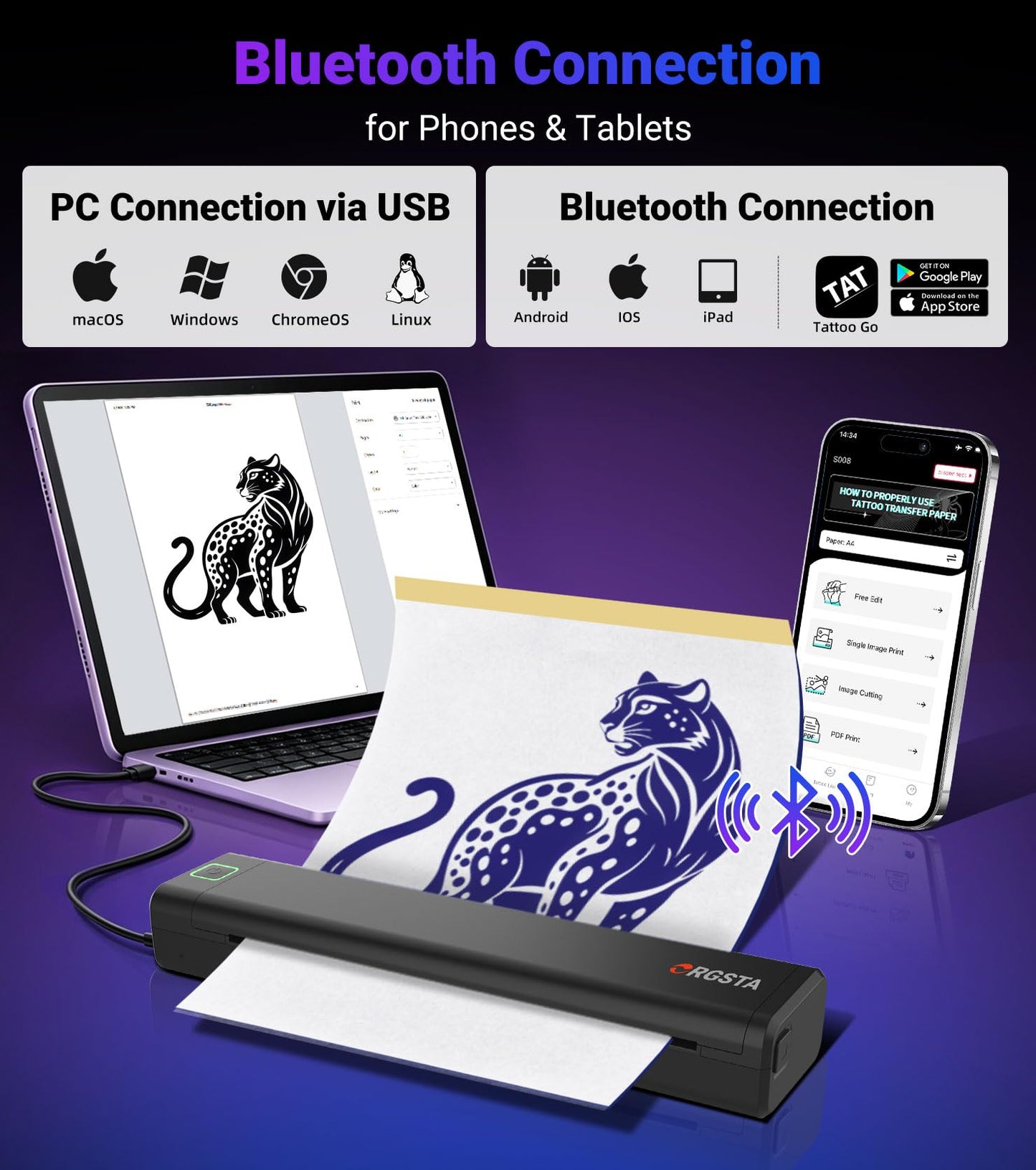 ORGSTA Tattoo Stencil Printer, Wireless Thermal Tattoo Printer with 10pcs Transfer Paper, Compatible with Phone/Tablet/PC, Tattoo Supplies for Tattoo Artists & Beginner - S008