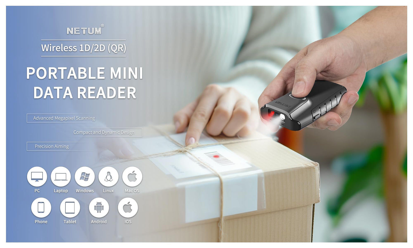 NETUM Bluetooth 2D Barcode Scanner, 3-in-1 Small Portable QR Bar Code Reader Automatic Wireless Gun Scan Back Clip Work with Tablet iOS Android Windows MacOS for Warehouse Inventory POS (2D - E800)