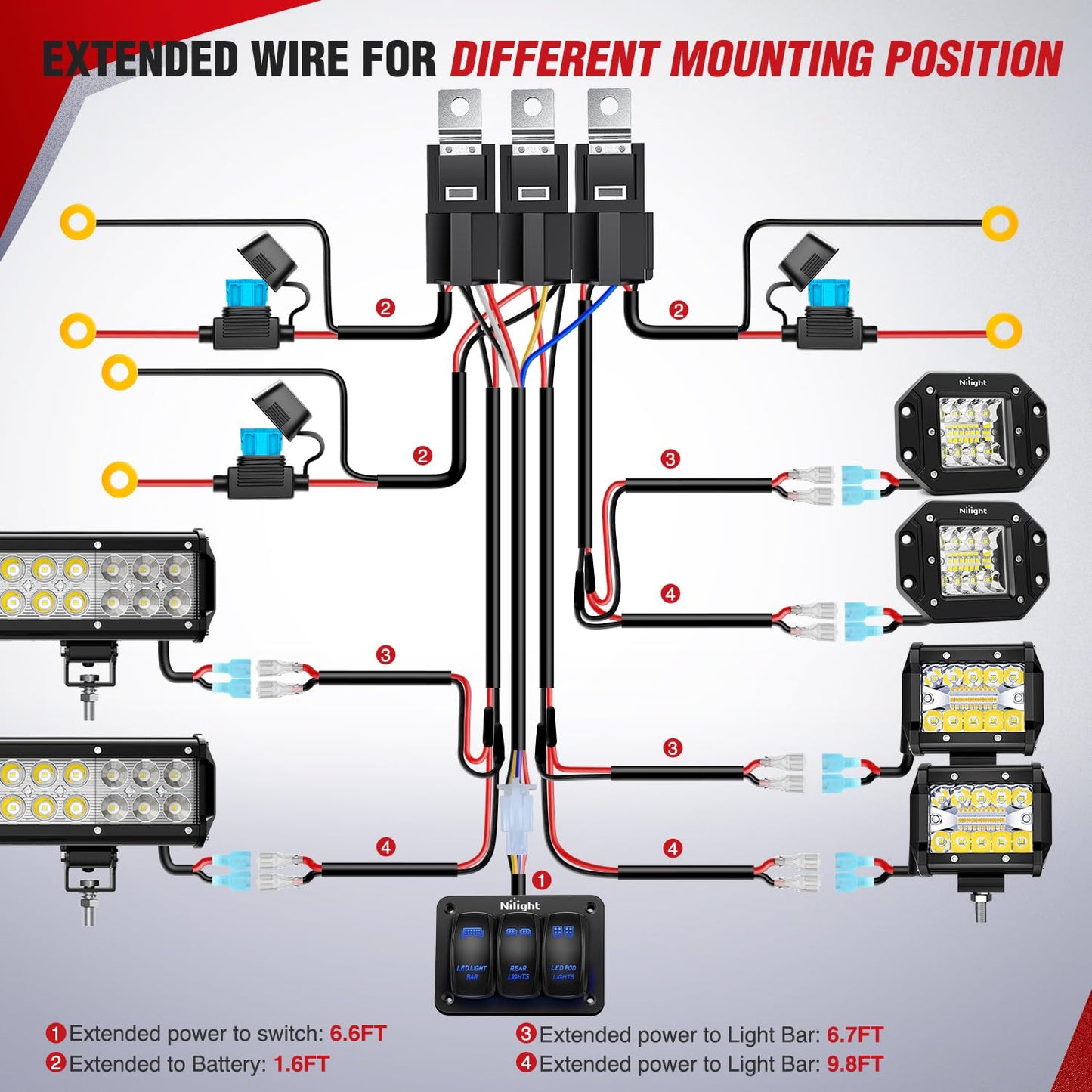 Nilight 16AWG LED Light Bar Wiring Harness Kit 12V On/Off 3 Gang Laser Etched LED Pod Lights Rocker Switch Panel Power Relay Fuse 5Pin Toggle Switch for Cars Boat ATV Trucks-4 Leads, 2 Years Warranty