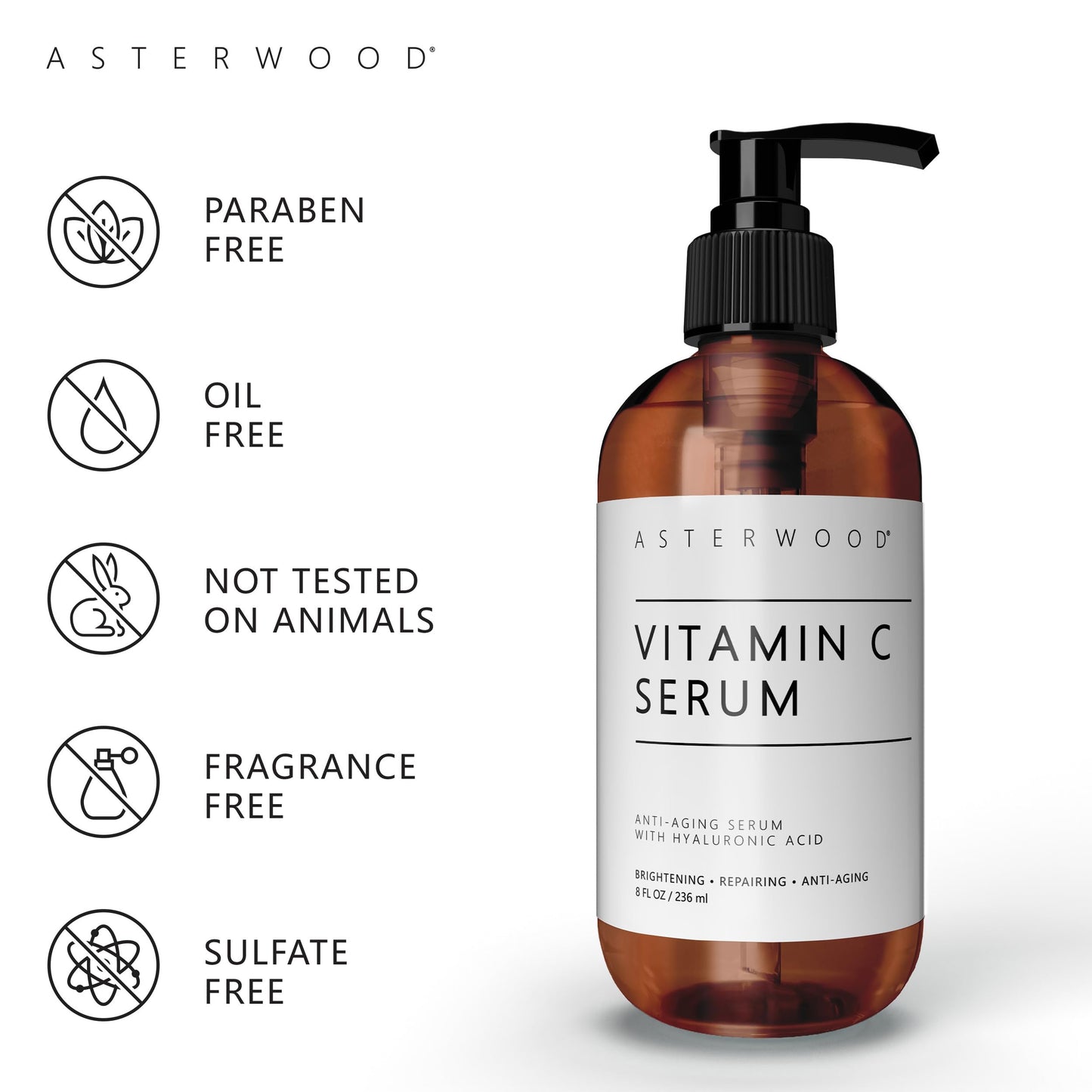 Asterwood Vitamin C Face Serum - with Hyaluronic Acid - Smoothing, Hydrating, Stimulates Collagen Production - Fragrance-Free - 8 Fl Oz