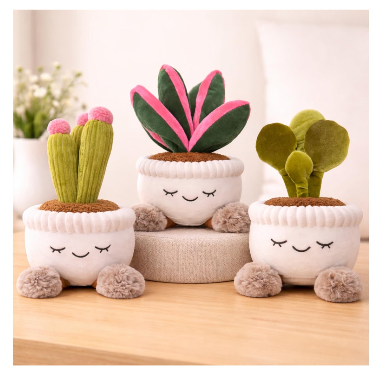 12 Inch Soft Plush Potted Plant Set of 3 Rubber Tree, Cactus and Oyster. Perfect as a Home Decoration or Office Gift (Succulents)