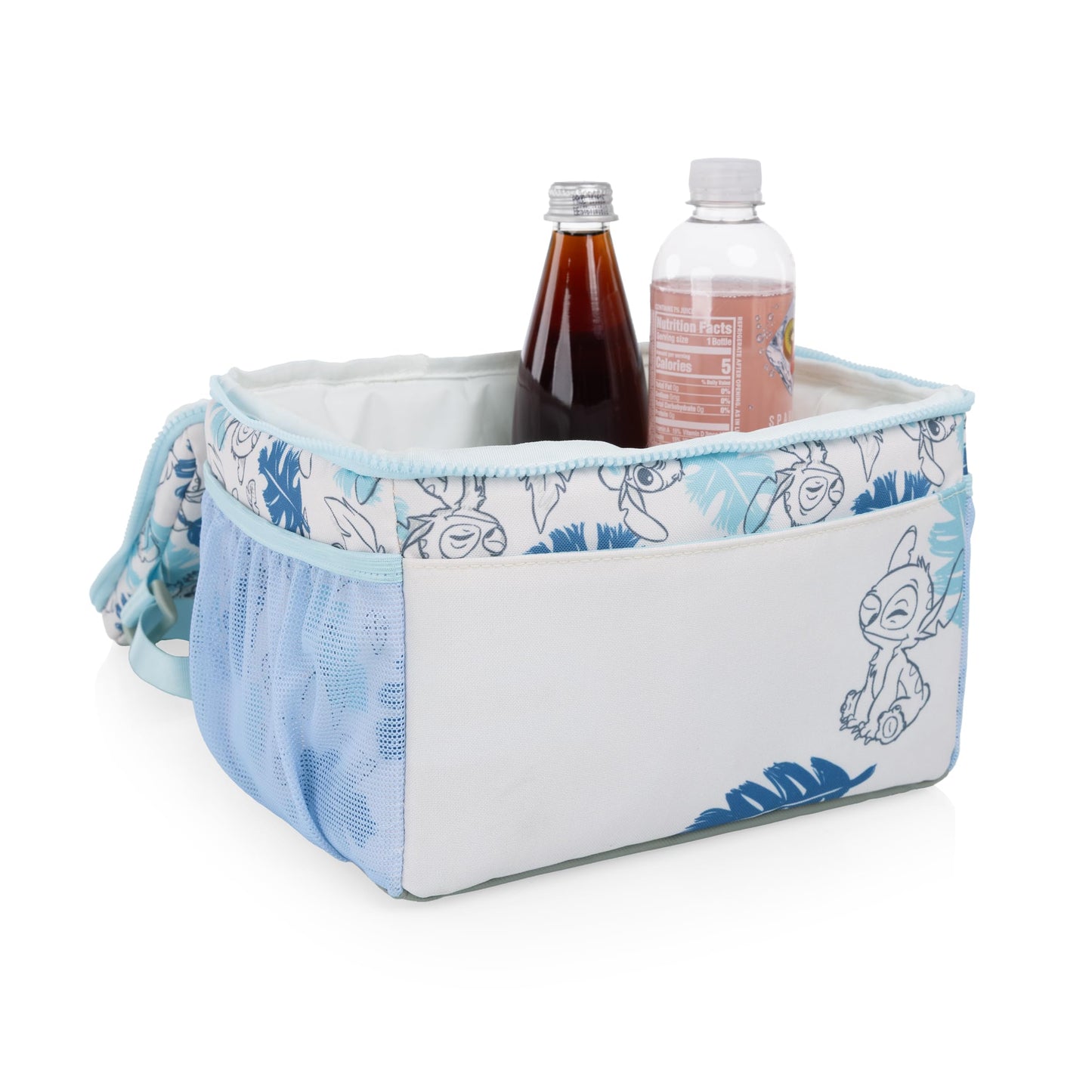 PICNIC TIME Disney Lilo & Stitch Modern Lunch Cooler, Insulated Lunch Box for Work, Travel, and Outdoor Use, Waterproof Cooler Bag with Adjustable Strap and Mesh Pockets, (White with Blue Leaf Design)