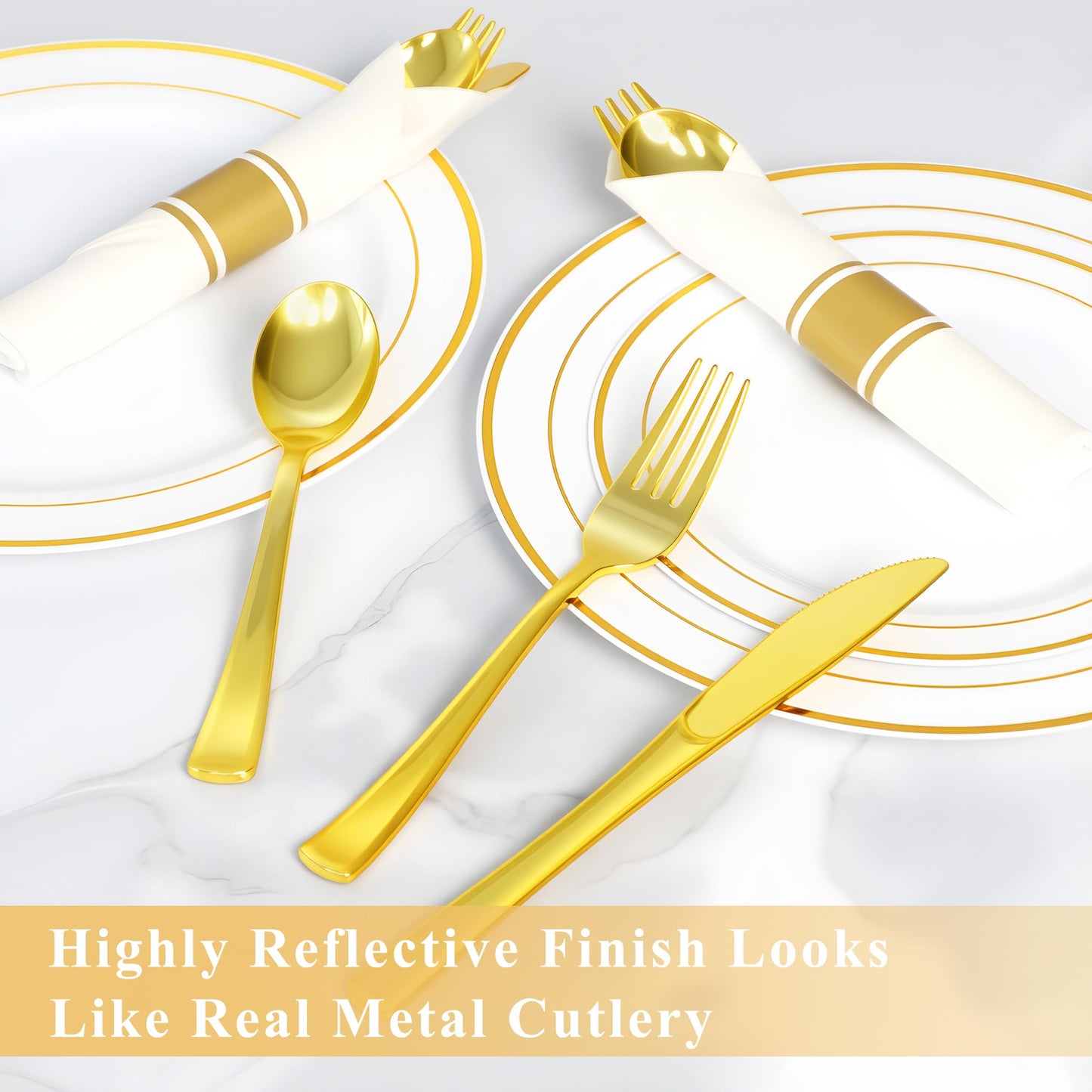 Dlebay 100 Pack Pre Rolled Gold Plastic Silverware Set,Wrapped Plastic Cutlery Set with Napkin Include 100 Forks,100 Spoons,100 Knives and 100 White Napkins for Party, Wedding,showers, Christmas