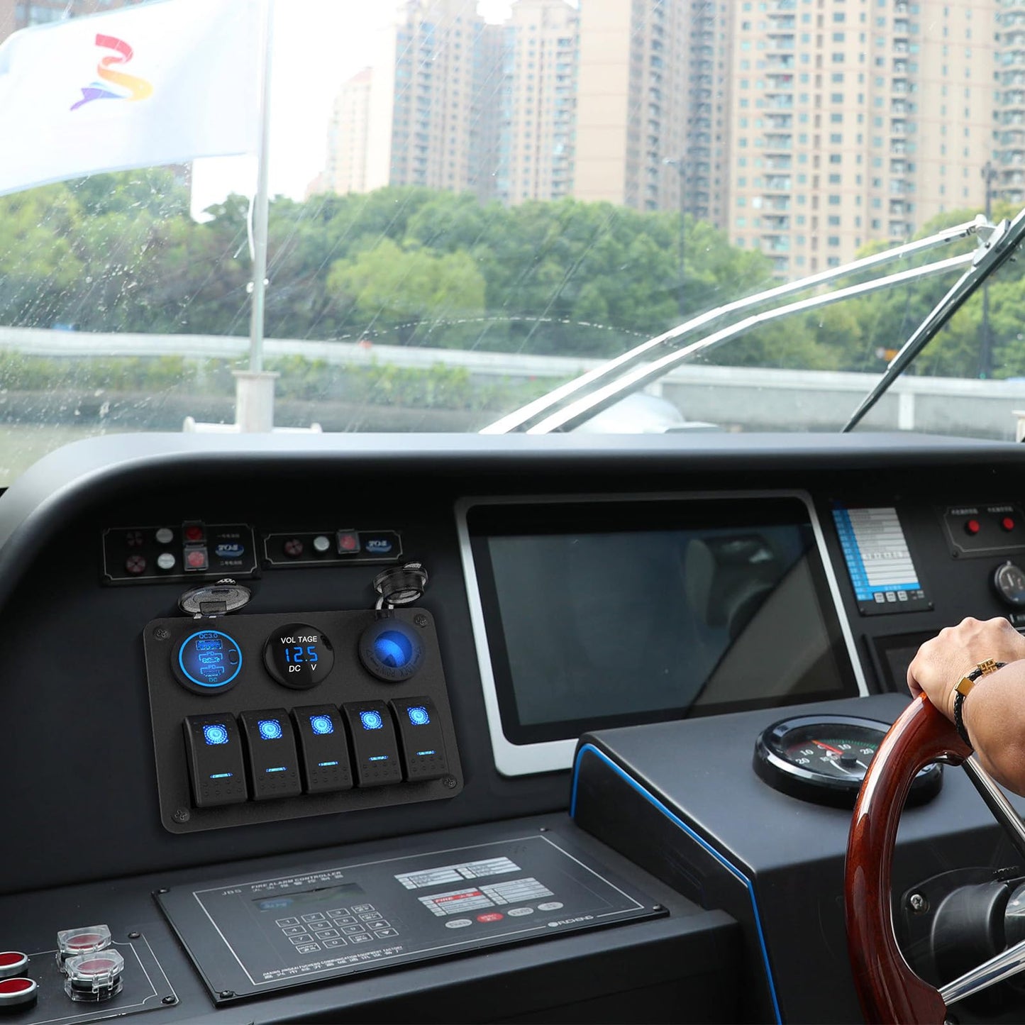 Marine Boat Switch Panel Waterproof, 5 Gang Marine Rocker Switch Aluminum Panel with 3 Port 66W 12V USB Outlet Car Charger, 150W Cigarette Lighter Socket and Blue LED Voltmeter for Truck Car RV, etc.