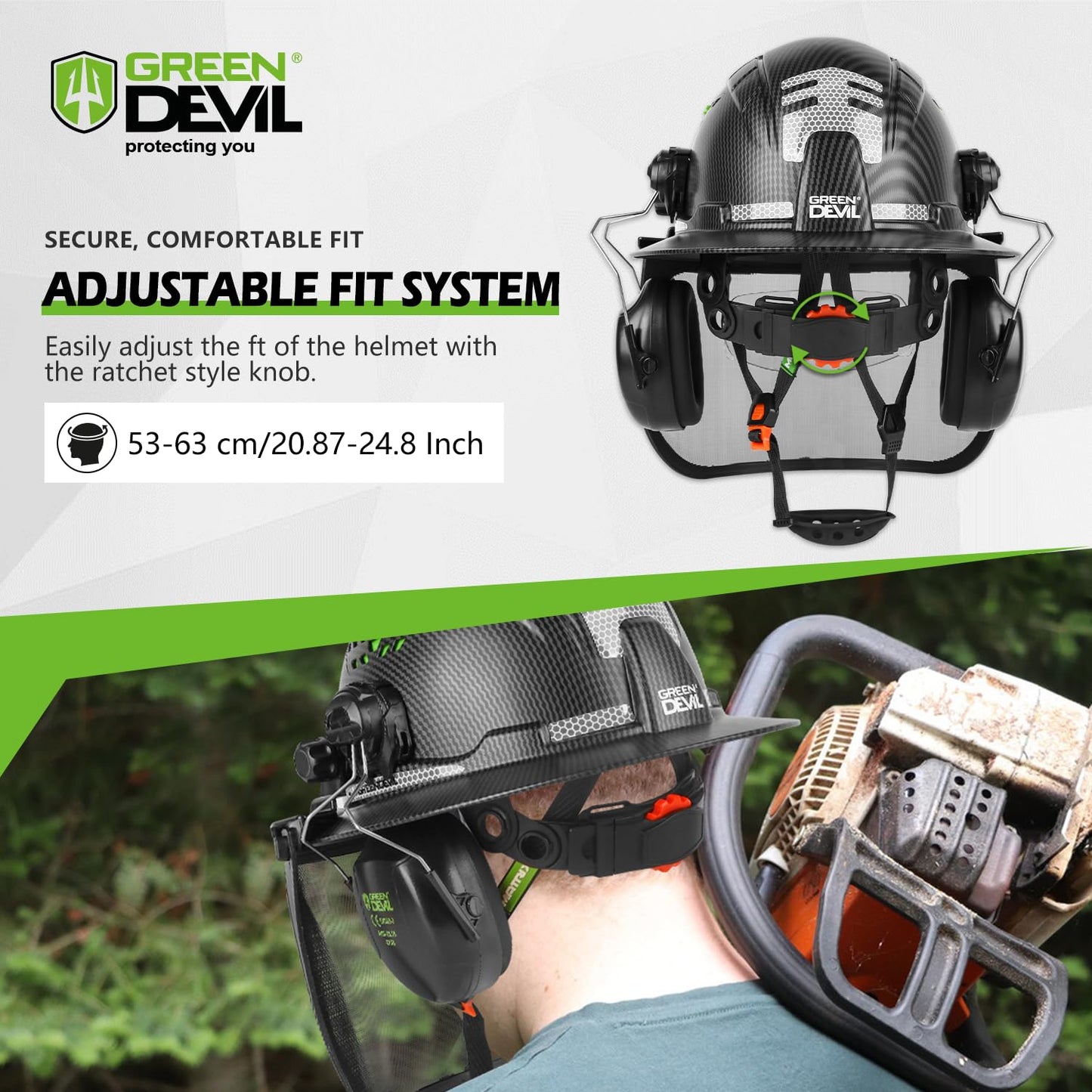 GREEN DEVIL Industrial Chainsaw Helmet with Face Shield Built in Visor and Ear Muffs 4 in 1 System ANSI Z89.1 Safety Hard Hat Adjustable Headgear Ideal for Forestry and Arborist Work Full Brim Style