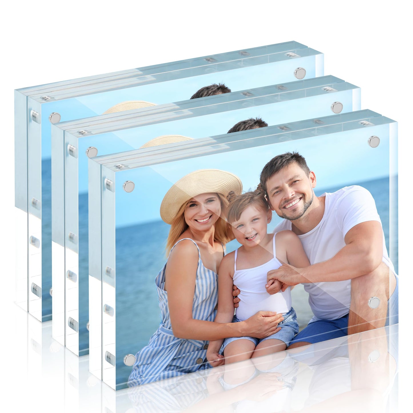 HOUSE DAY Acrylic Picture Frames 5x7, 3 Pack Magnetic 5x7 Picture Frame, Double Sided Clear 5 x 7 Photo Frame with Microfiber Cloth, Frameless FreeStanding 5x7 Frame Gift for Desktop Display