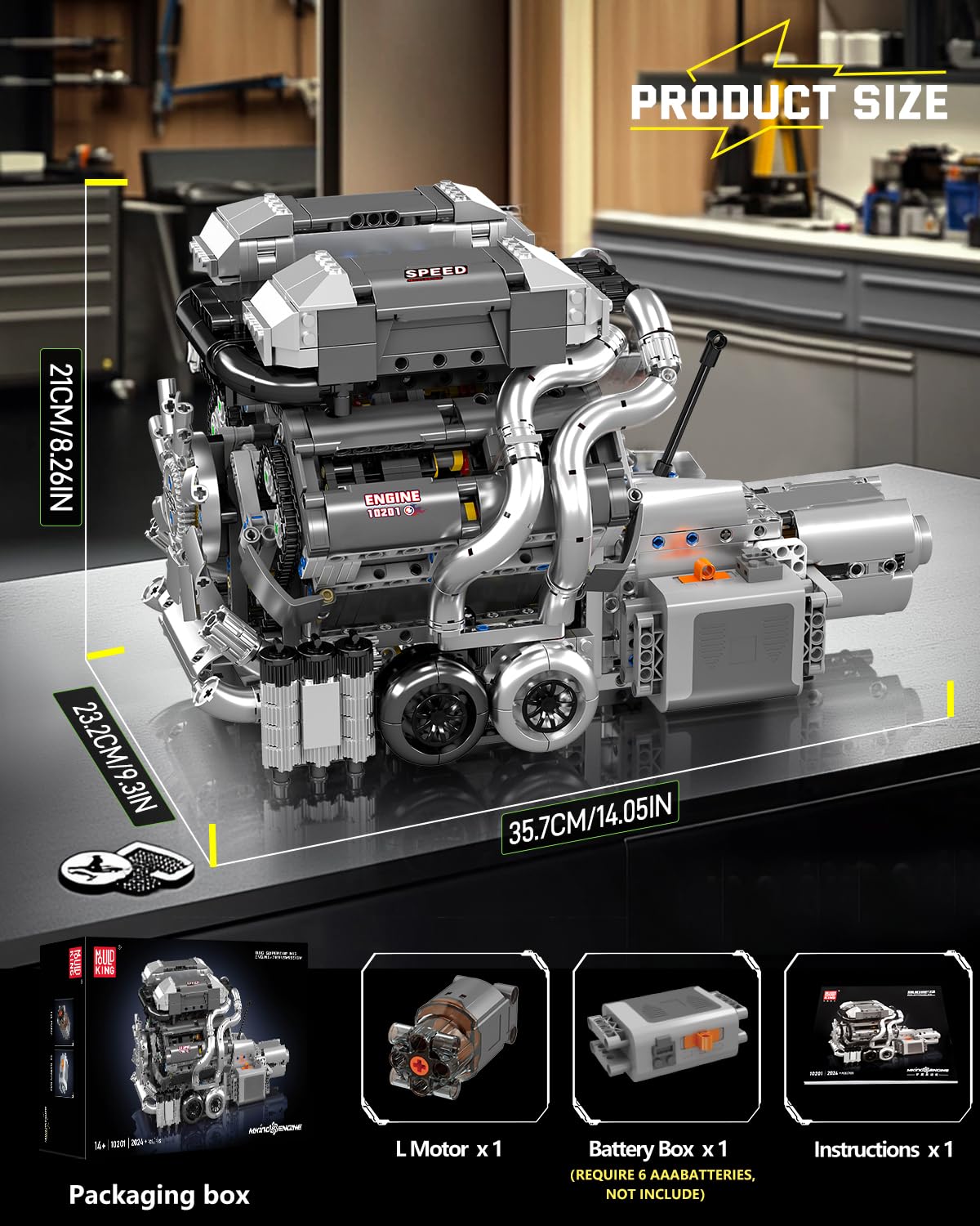 Mould King 10201 W16 Engine Model Kit, MOC Bug Supercar Engine Model with Battery and Motor, Collectable 16-Cylinder Car Engine Transmission, Shiftable Gear Operation for Kids/Adults (2024+ PCS)
