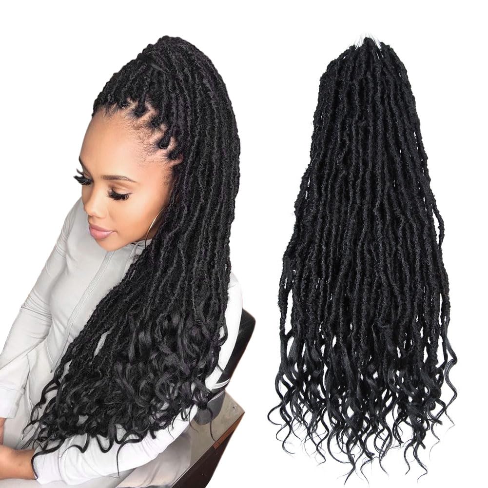 Niseyo Wild Locs 24 Inch Distressed New Faux Locs with Curly Ends 8 Packs Long Soft Pre-looped Goddess Locs Crochet Hair (1B, Natural Black)
