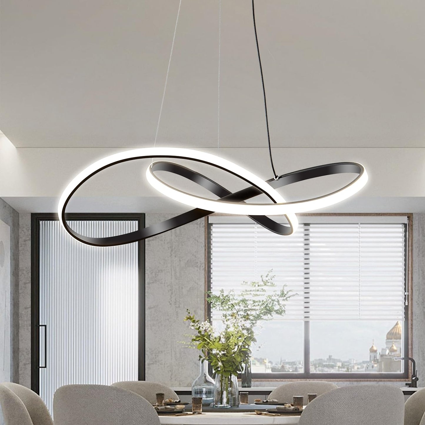 Viruhaka Modern LED Pendant Light Fixture，Black Contemporary Ceiling Hanging Fixture with Irregular Ring Lights for Dining Living Room Bedroom Kitchen Island Cafe（4000K，Neutral Light ）