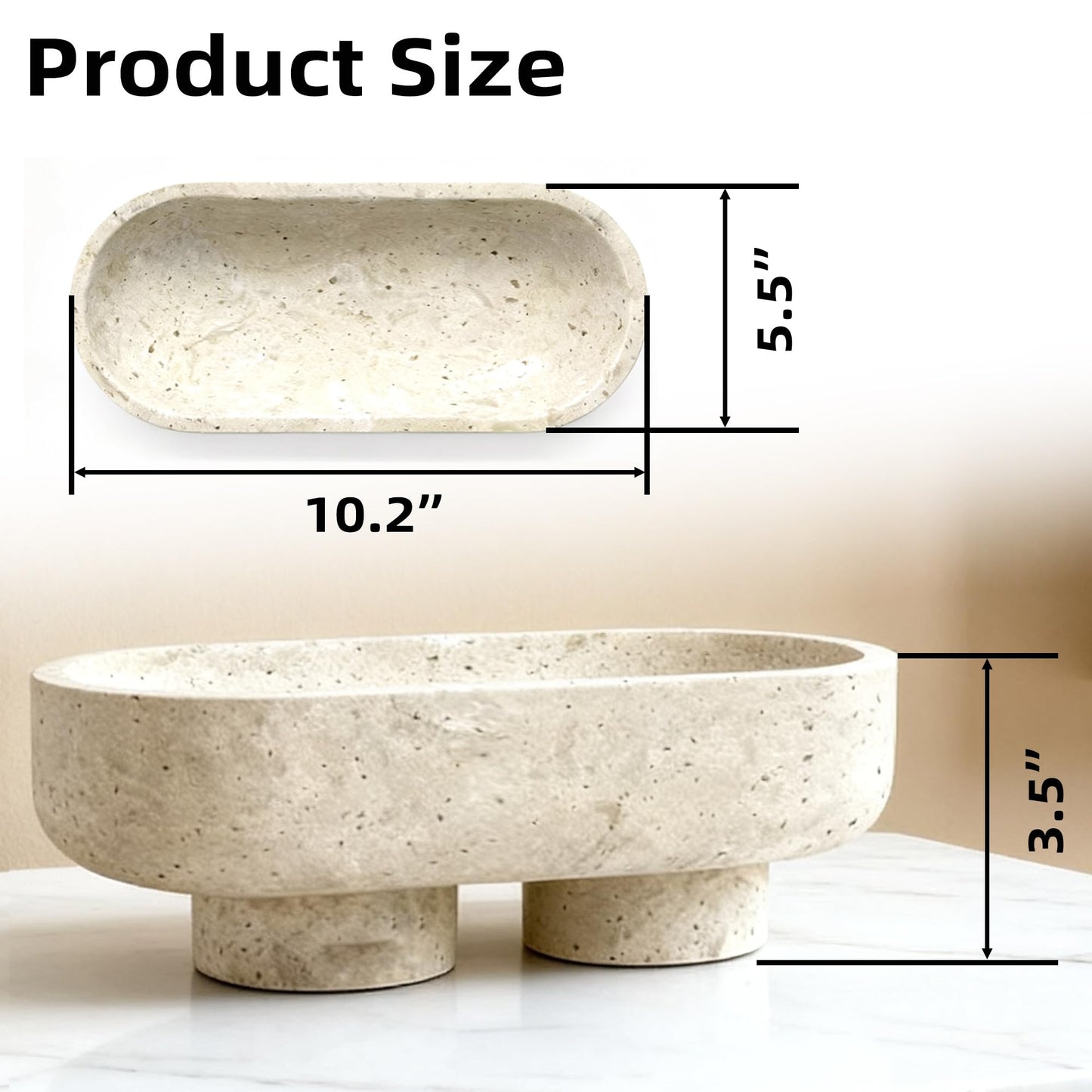 VERSSURE Natural Oval Travertine Decorative Bowl,Marble Friut Bowl with 2 Legs,Vanity Decorative Tray, Kitchen Countertop Decorative Bowl for Home Decor (Marble Bowl)