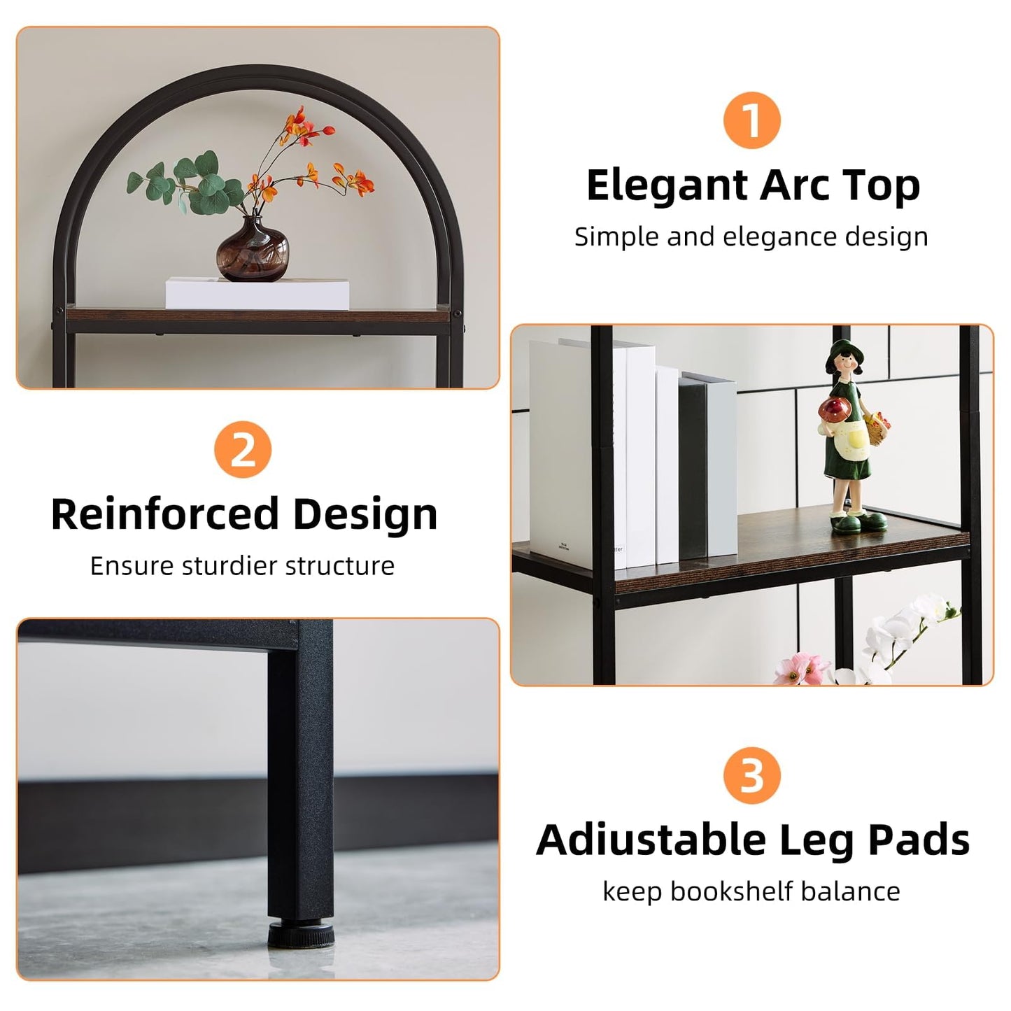 IDEALHOUSE Bookshelf 4 Tier,Arched Display Racks,Tall Shelf for CDs/Books, Modern Storage Rack Shelf Large Wood Book Shelf for Bedroom, Living Room, Home Office