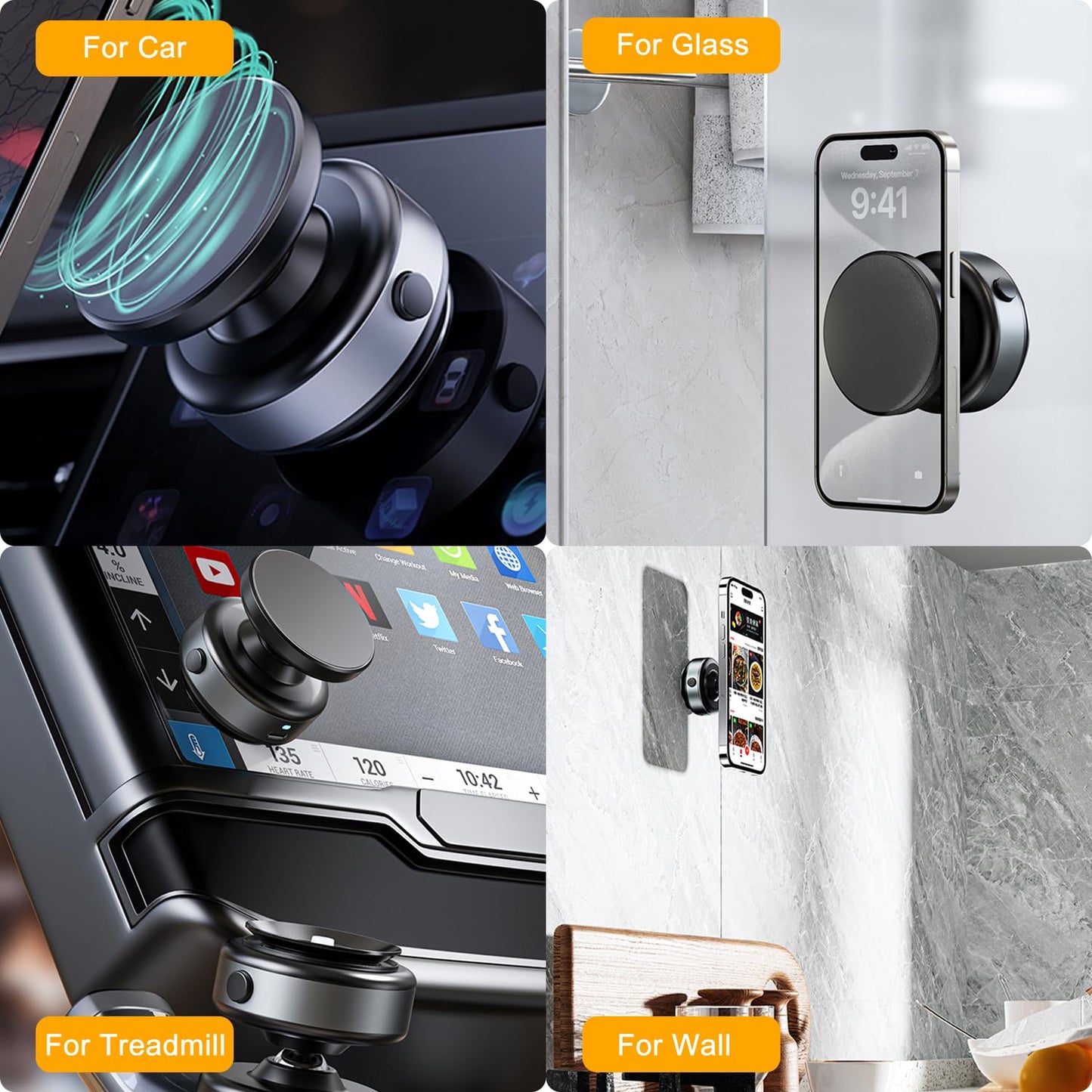Jkoailiwi 360-degree Adjustable Electric Vacuum Magnetic Suction Cup Phone Mount, Hands-Free Magnetic Cell Phone Holder for Car/Gym/Mirror/Smooth Surface, Compatible with Magsafe iPhone, Black