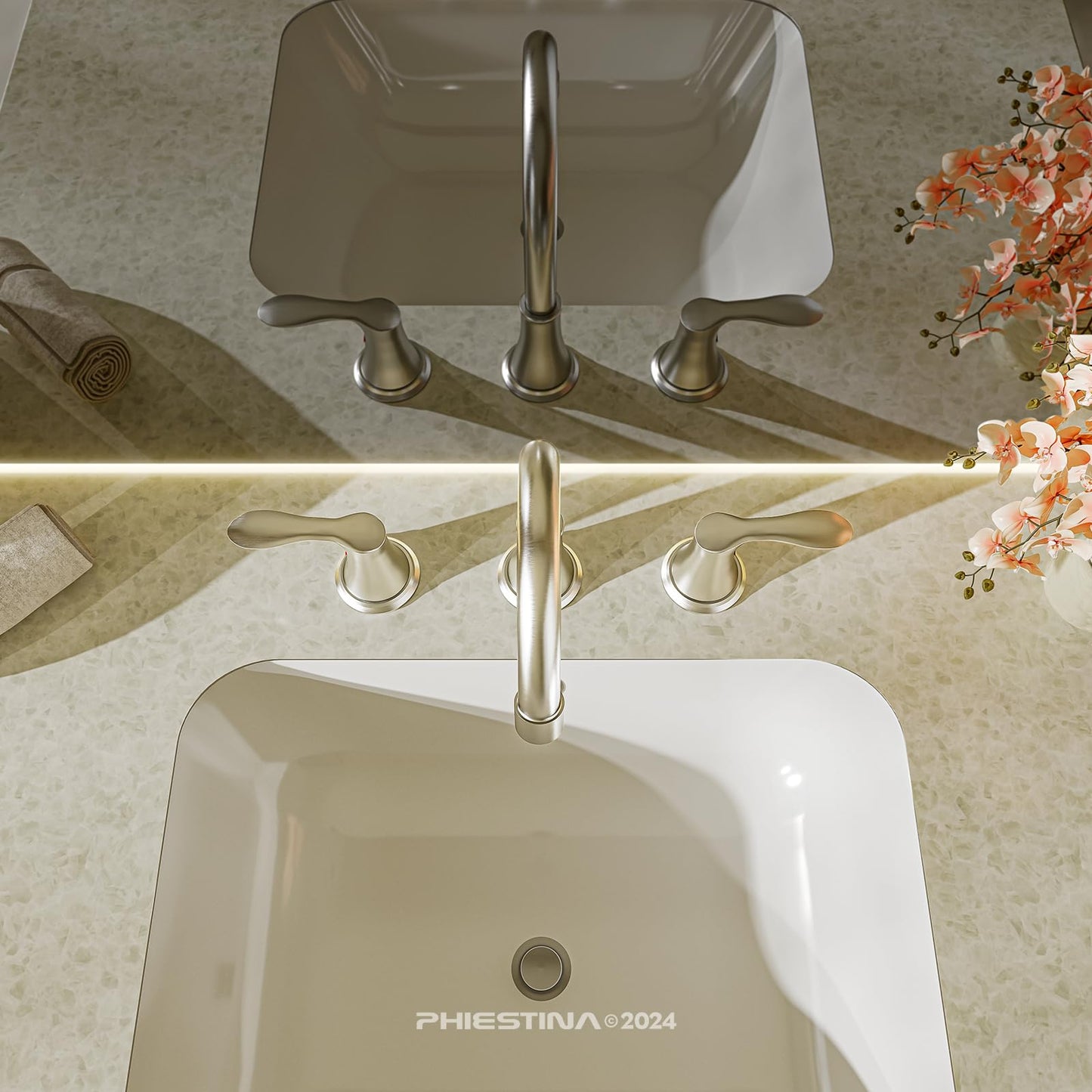 Phiestina Widespread 8 Inch 3 Holes Brushed Nickel Bathroom Faucet，Two Handles Stainless Steel Bathroom Sink Faucet with Metal Pop-Up Drain and Water Supply Lines, WFTY36-BN