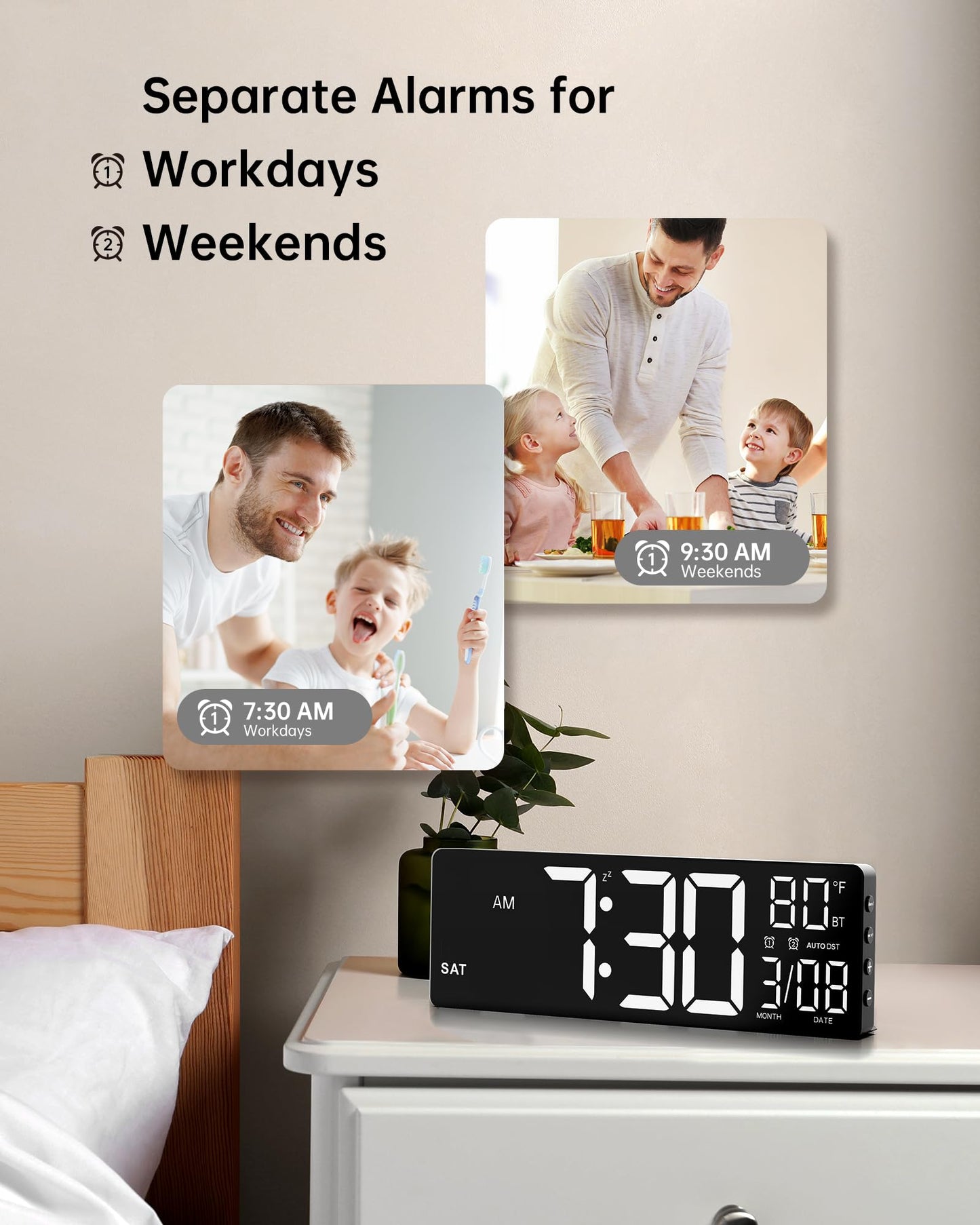 EASYERA 12" Digital Wall Clock for Classroom Livingroom Game Home Decor with LED Display RGB Lights, BIuetooth Sync, Dual Alarms, Auto DST, Countdown, Remote Control, Temperature