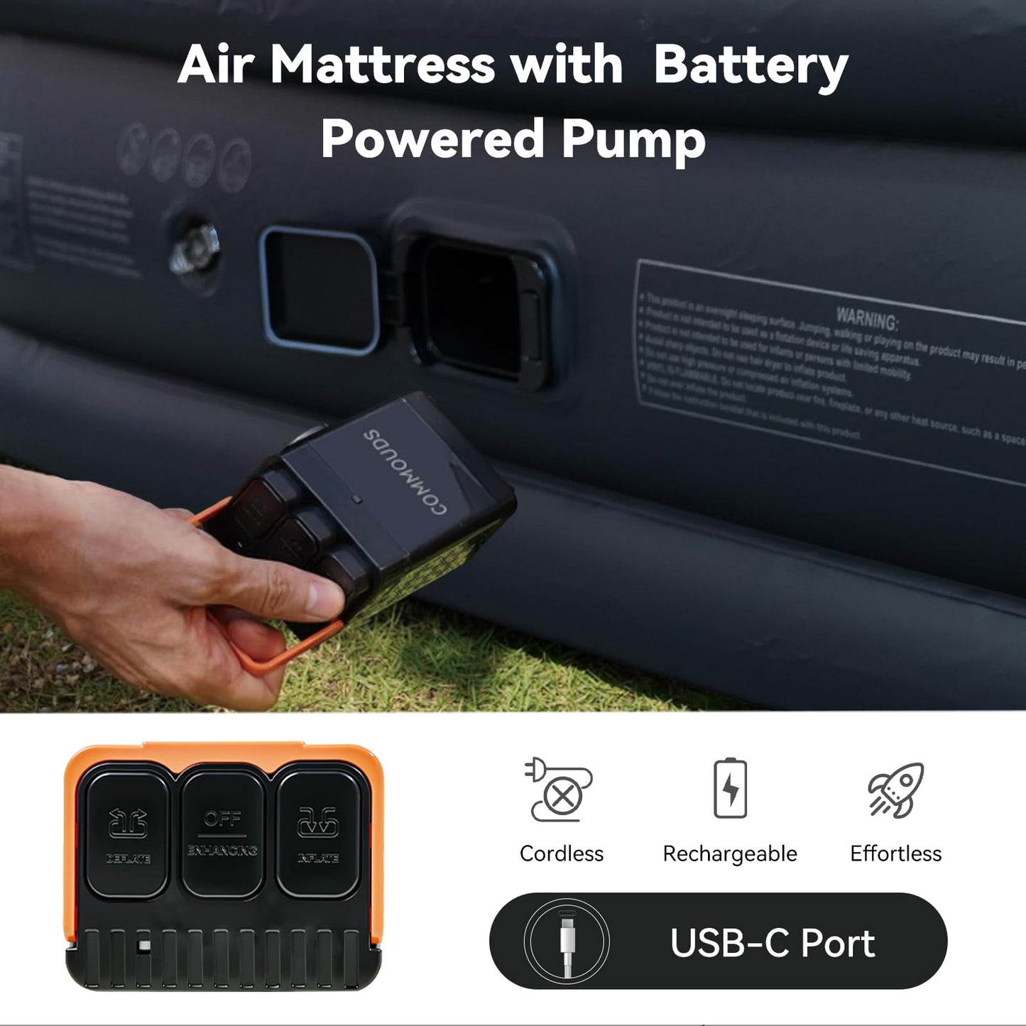 COMMOUDS Queen Air Mattress with Built-in USB Rechargeable Air Pump, Camping Blow up Mattress, Portable Inflatable Mattress, Air Bed for Outdoor, Travel, Home and Guest, 8" Raised