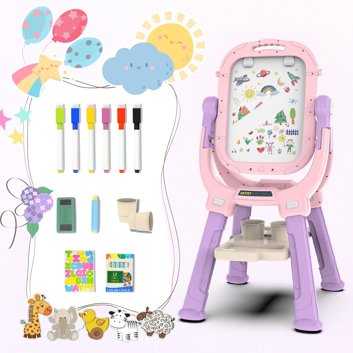 Ylovetoys Easel for Kids, Toddler Art Easel Adjustable Standing, Magnetic Double Sided Easel with Painting Accessories Gift for Boys and Girls