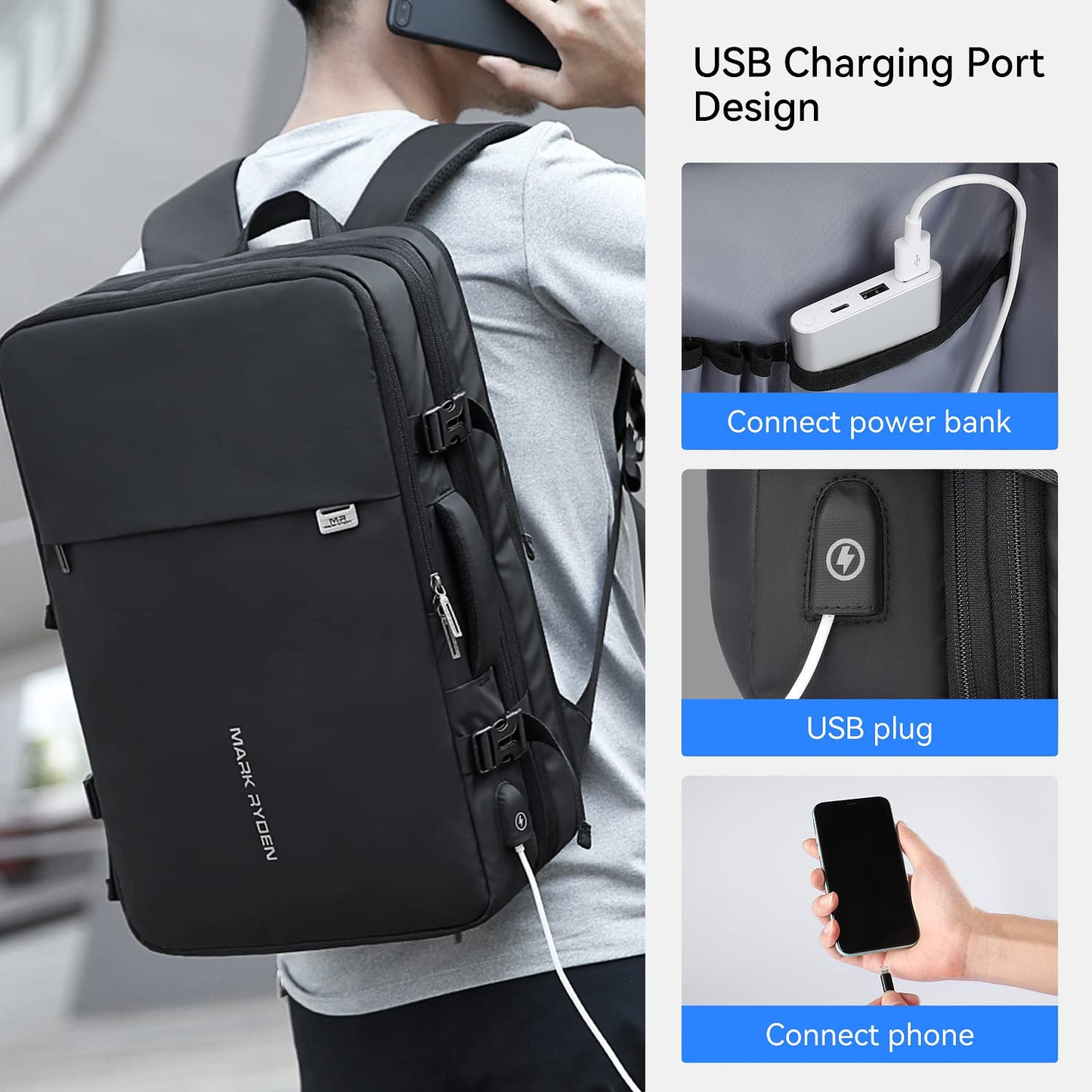 MARK RYDEN Travel Backpack for Men, 40L Airline Approved Carry on Backpack with USB Charging Port, 17.3 Inch Waterproof Business Laptop Backpack (12.6 x 8.0 x 19.6 Inch)