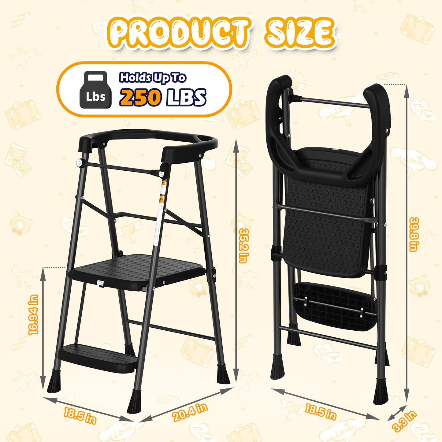 HBTower Kids 2 Steps Step Stool,Toddler Tower for Kitchen Counter Learning,Toddler Kitchen Stool Helper with Anti-Drop Safty Railing Kids Standing Folding Stepper(Black)