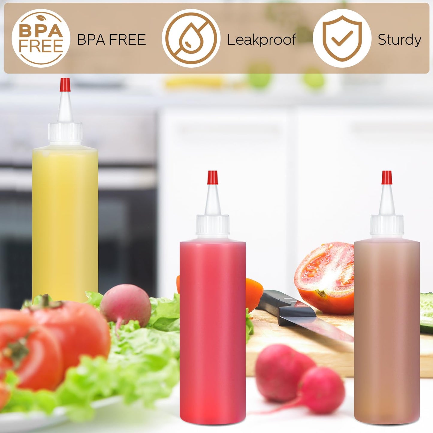 Jinei 60 Pack 8 oz Plastic Squeeze Bottles Clear Condiment Squeeze Bottles with Red Tip Cap Kitchen Empty Squirt Container Leak Proof for Arts Crafts