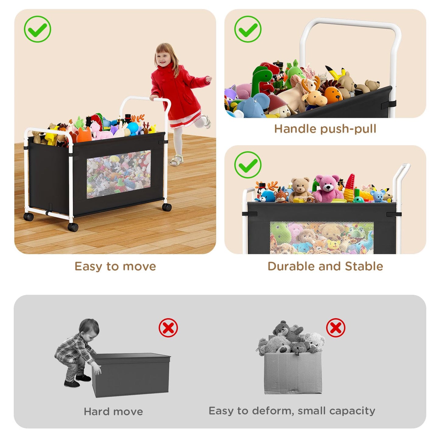 KEEGH Extra Large Toy Box for Kids with 360° Rotating Wheels, Heavy Duty Toy Chest for Boys and Girls, Toy Storage Organizer for Kids, Toy Bins for Living Room, Nursery, Bedroom(Black)
