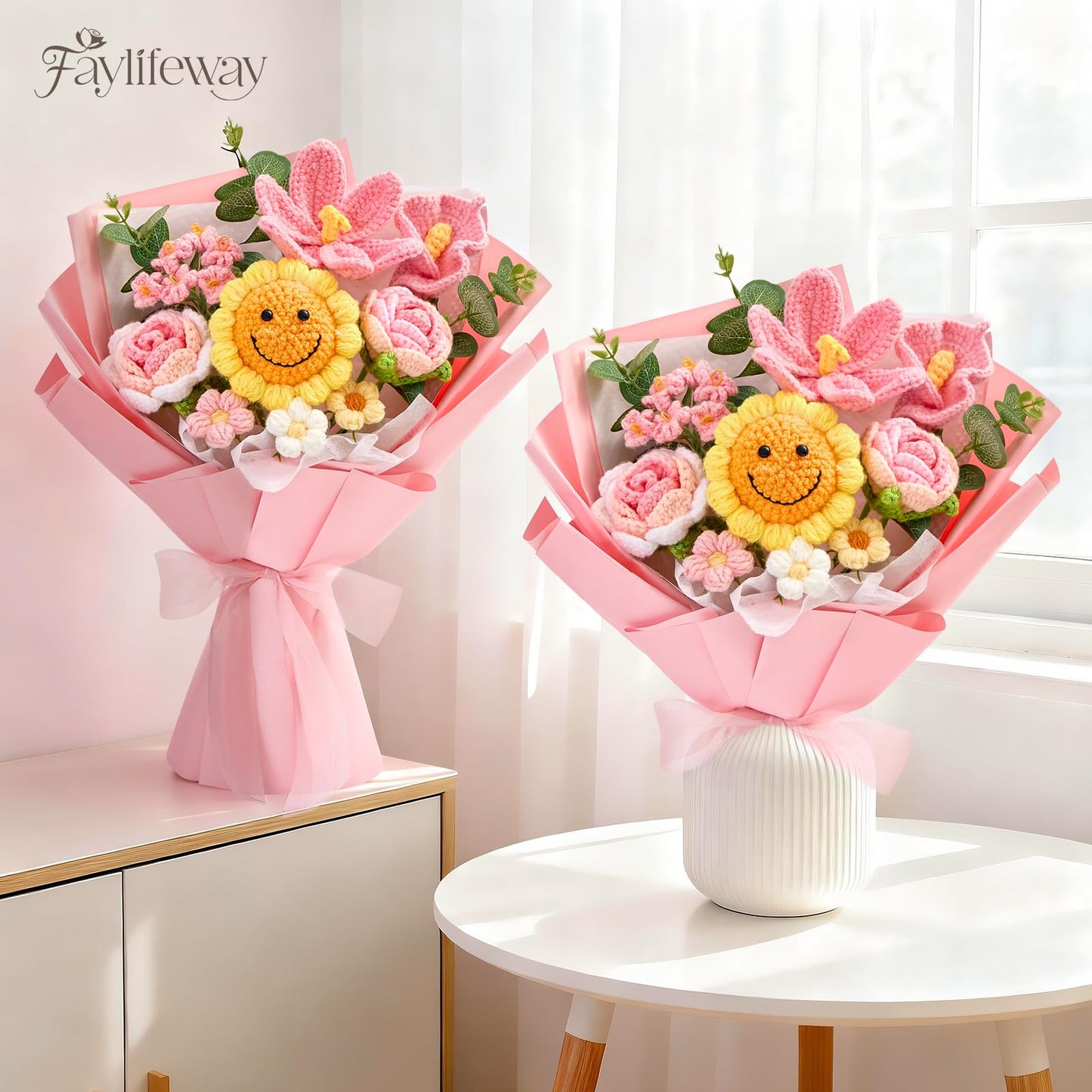 Faylifeway Crochet Flower Bouquet,Handmade Knitted Flowers,Pink Crochet Sunflower Bouquet,Unique Gift for Her Mom Wife Women, Mothers Day Birthday Anniversary Graduation Gifts(Include Card)