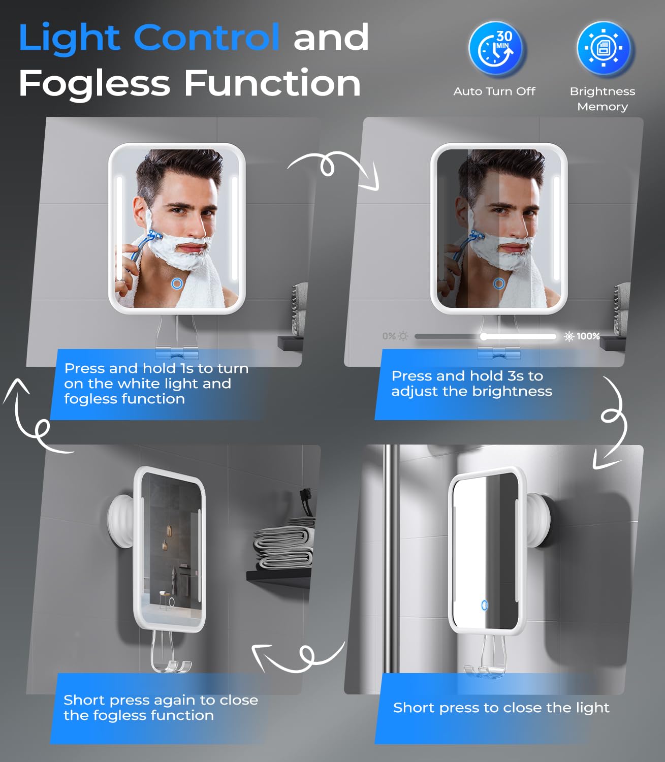Gospire Heated Shower Mirror Fogless for Shaving with Light, Rechargeable Battery and Adjustable Brightness, Suction Cup and Razor Holder, Removable & NO-Drilling, Waterproof for Bathroom (White)