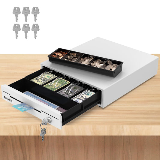 Beelta 13" Cash Rigister Drawer for Small Business, 4 Bill/5 Coin with Check Slot, Steel Construction, Works with POS (Includes Keys & RJ11/12Cable) - White BK1313S