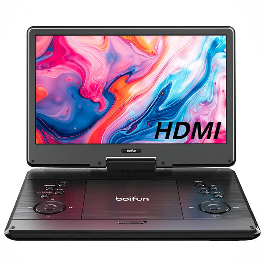 15.7" Portable DVD Player with 14.1" Large HD Screen,5 Hours Rechargeable Battery, Support HDMI in, Sync TV, Phone, Laptop, WiFi, USB, SD Card and Multiple Disc Formats, Dual Speaker, Black, BOIFUN