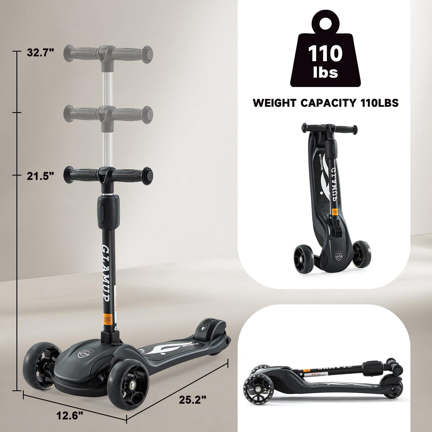GLAMUP Kick Scooter Adjustable Height Adjustable Handlebar，Kids Scooter 3 Wheel with LED Lights，Suitable Kids Ages 2，Ages 6，Ages 8，Extra Wide Deck for Boys and Girls, Black