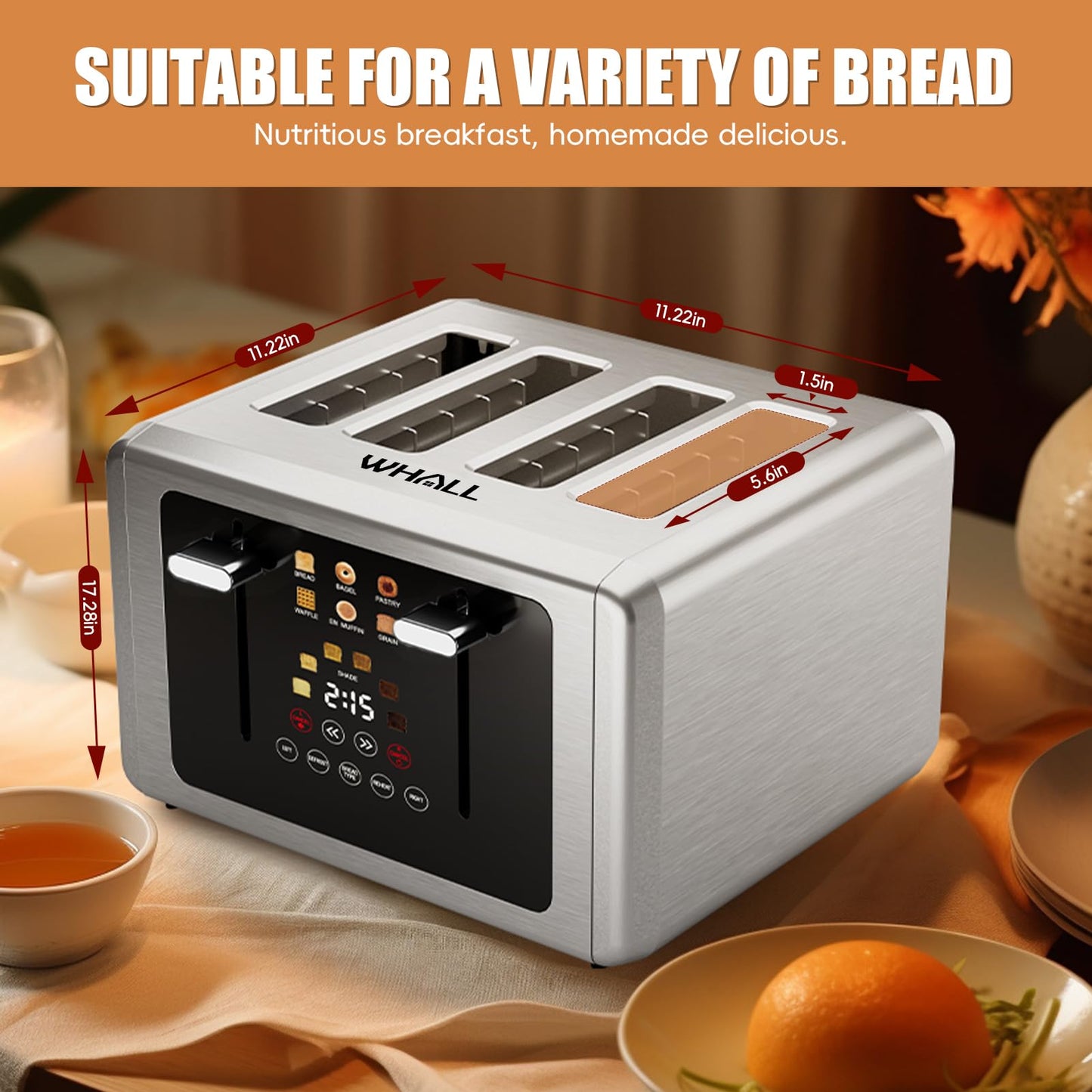 Whall 4-Slice Smart Toaster with Touchscreen & Extra-Wide Slots, Dual Independent Control, 6 Browning Levels & 6 Bread Types, Memory Function,Countdown Timer, Ideal Kitchen Gift,Platinum
