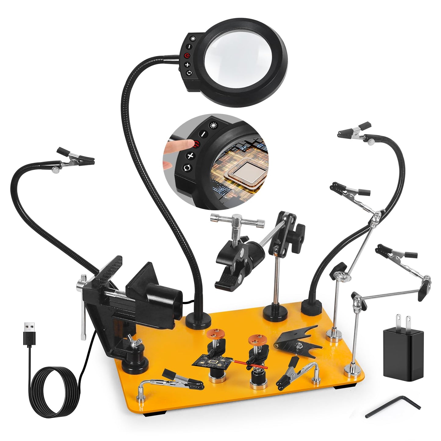 NOEVSBIG Helping Hands Soldering Station with 5X Magnifying Lamp, Magnetic Flexible Arms, 360° Soldering Clamps, Workbench Vise & Large Stable Base, and Helping Hands Clamp for Electronics Repair DIY