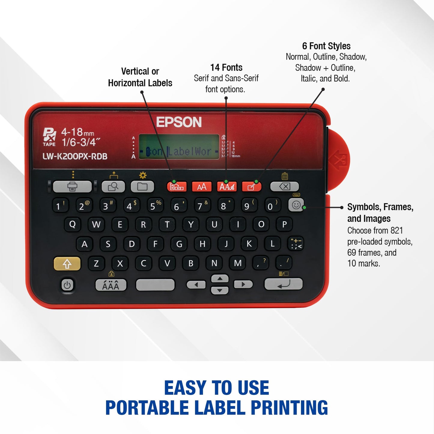 LABELWORKS Epson LW-K200PX-RDB Portable QWERTY Keyboard Label Maker for Home & Hobbies – Craft, Organize, and Personalize - Red Black Printer