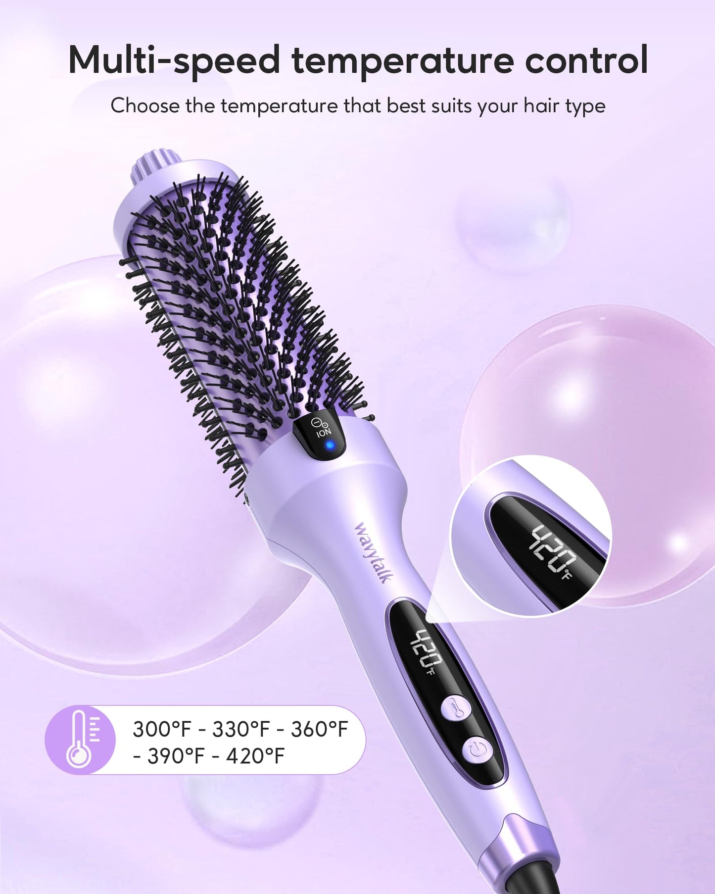 Wavytalk Thermal Brush, 1.5 inch Heated Round Brush for Blowout Look, Negative Ion Technology, Ceramic Tourmaline, 5 Temperature Settings, Dual Voltage, Purple, Less Damage