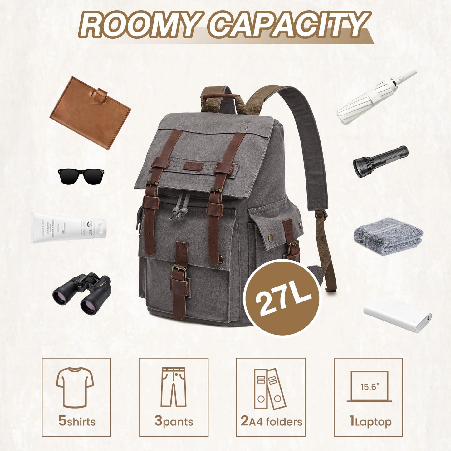 Kattee Men’s Leather Canvas Backpack Large School Bag Travel Rucksack Grey