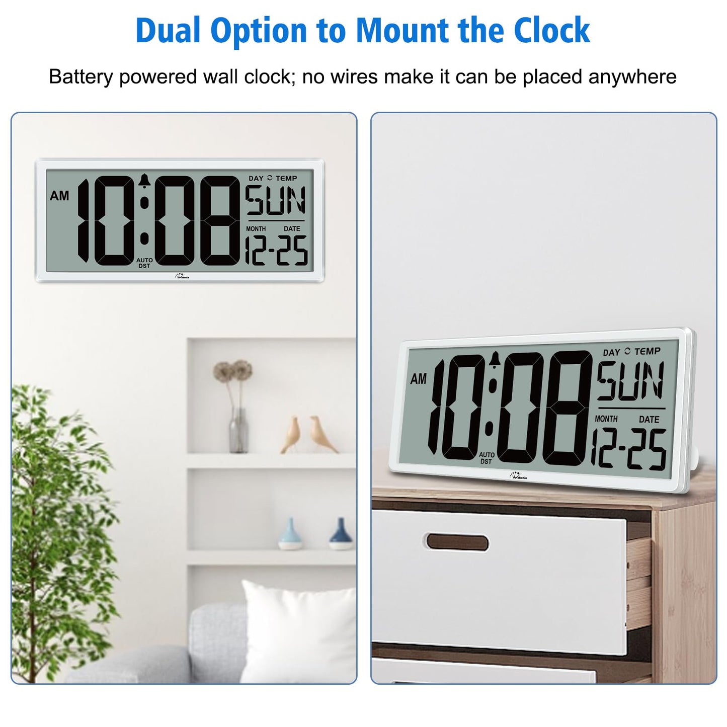 WallarGe Backlight Digital Wall Clock Battery Operated - with Temperature and Date 14.5'' Large Digital Wall Clock, Easy to Read and Set, Auto DST